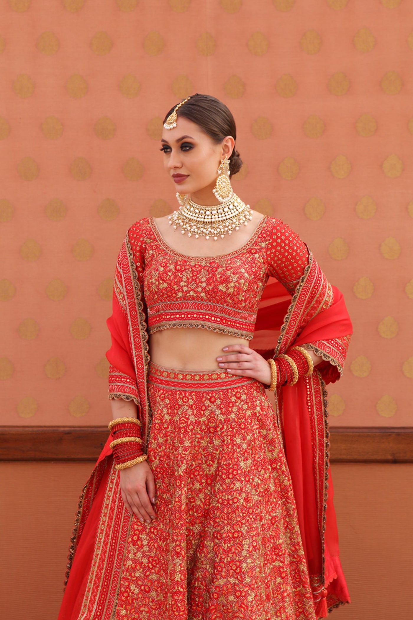 Hand-Embroidered Pure Silk-Organza Orange-Red Lehenga-Set