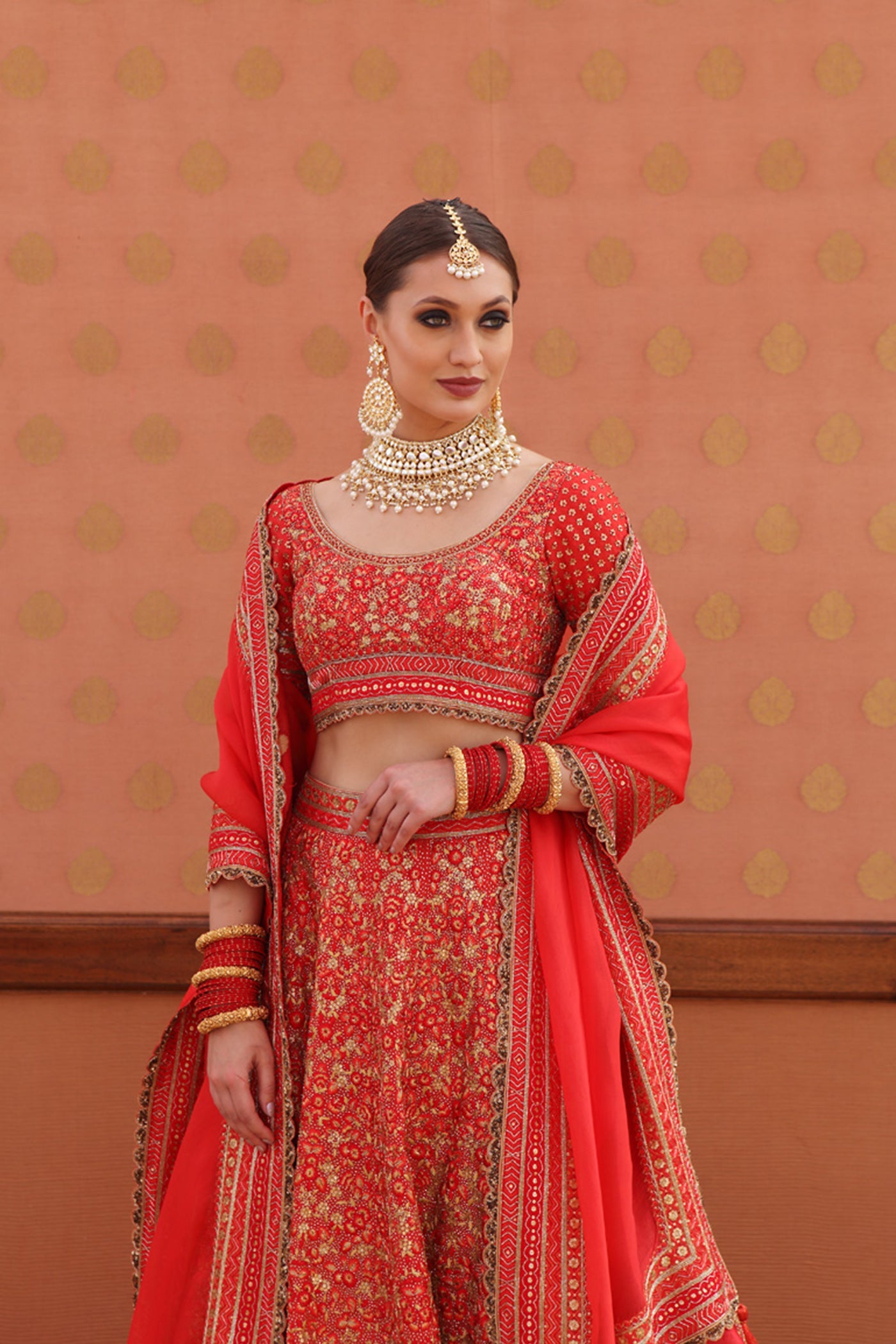 Hand-Embroidered Pure Silk-Organza Orange-Red Lehenga-Set