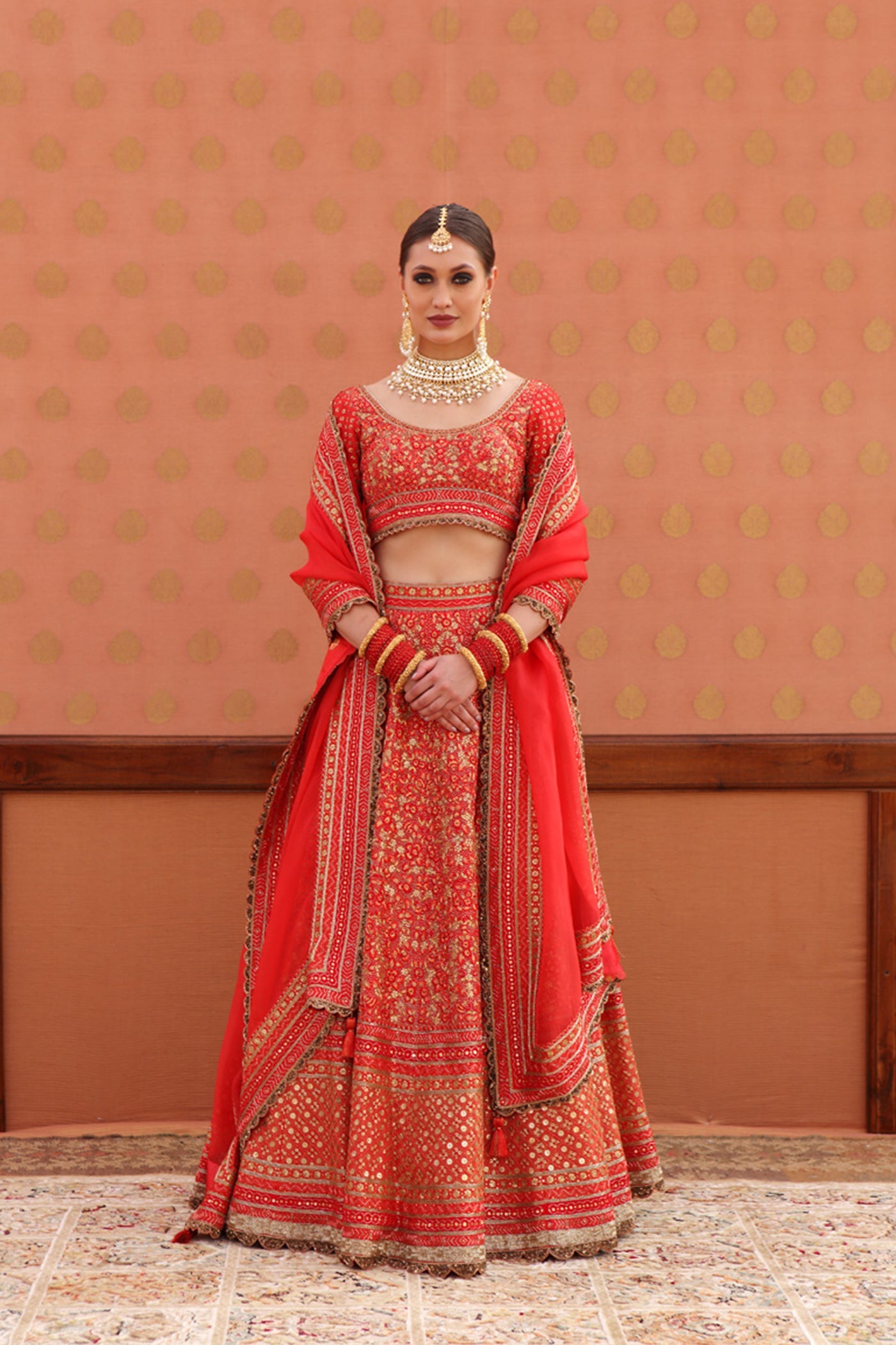 Hand-Embroidered Pure Silk-Organza Orange-Red Lehenga-Set