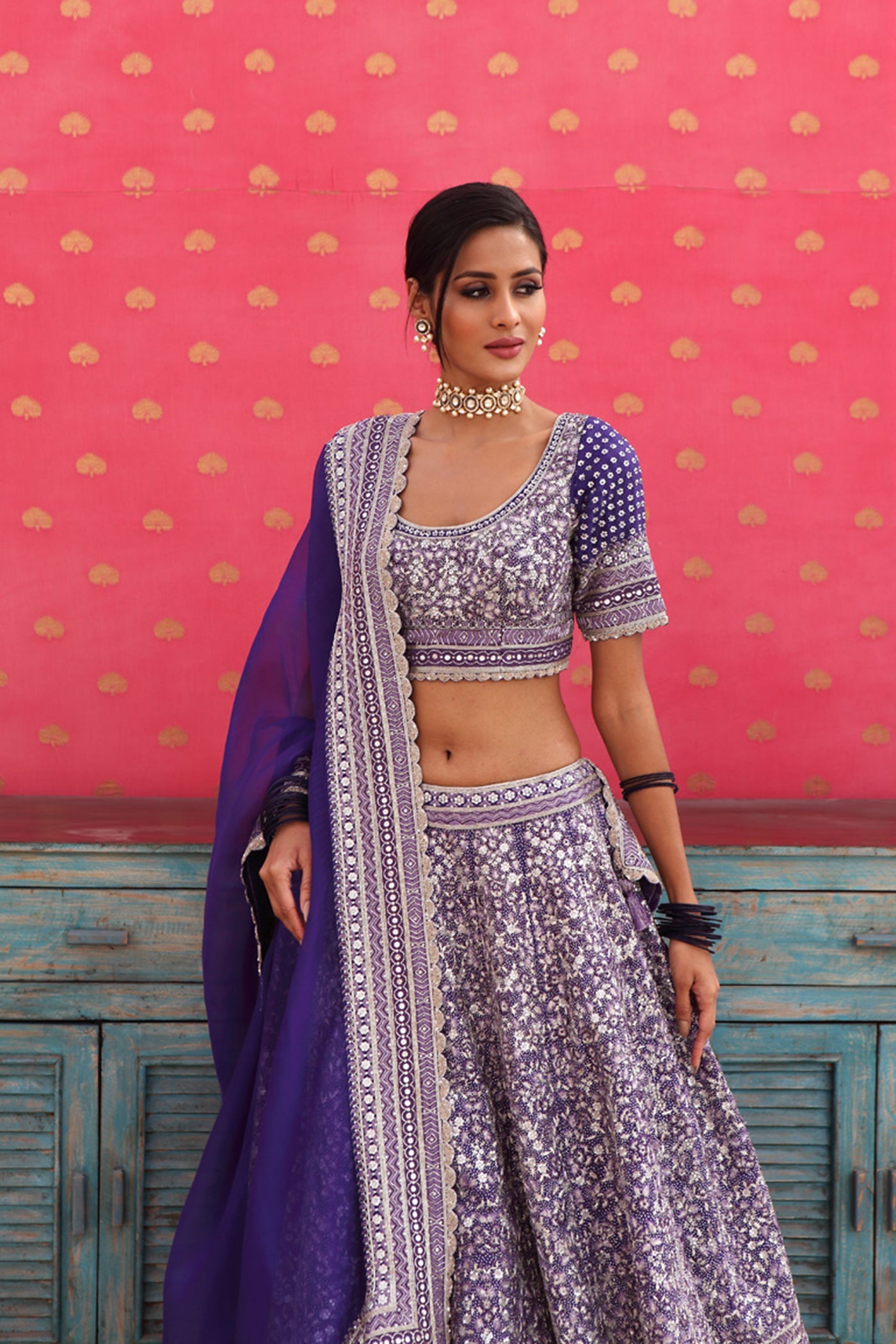 Hand-Embroidered Pure Silk-Organza Deep Purple-Blue Lehenga-Set