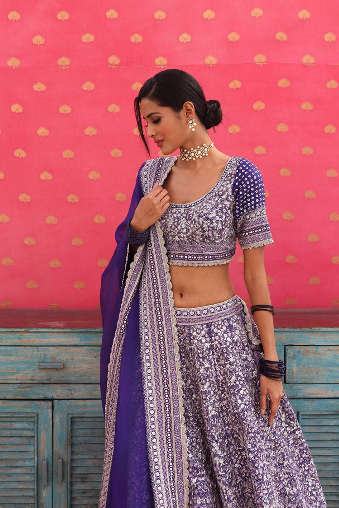 Hand-Embroidered Pure Silk-Organza Deep Purple-Blue Lehenga-Set