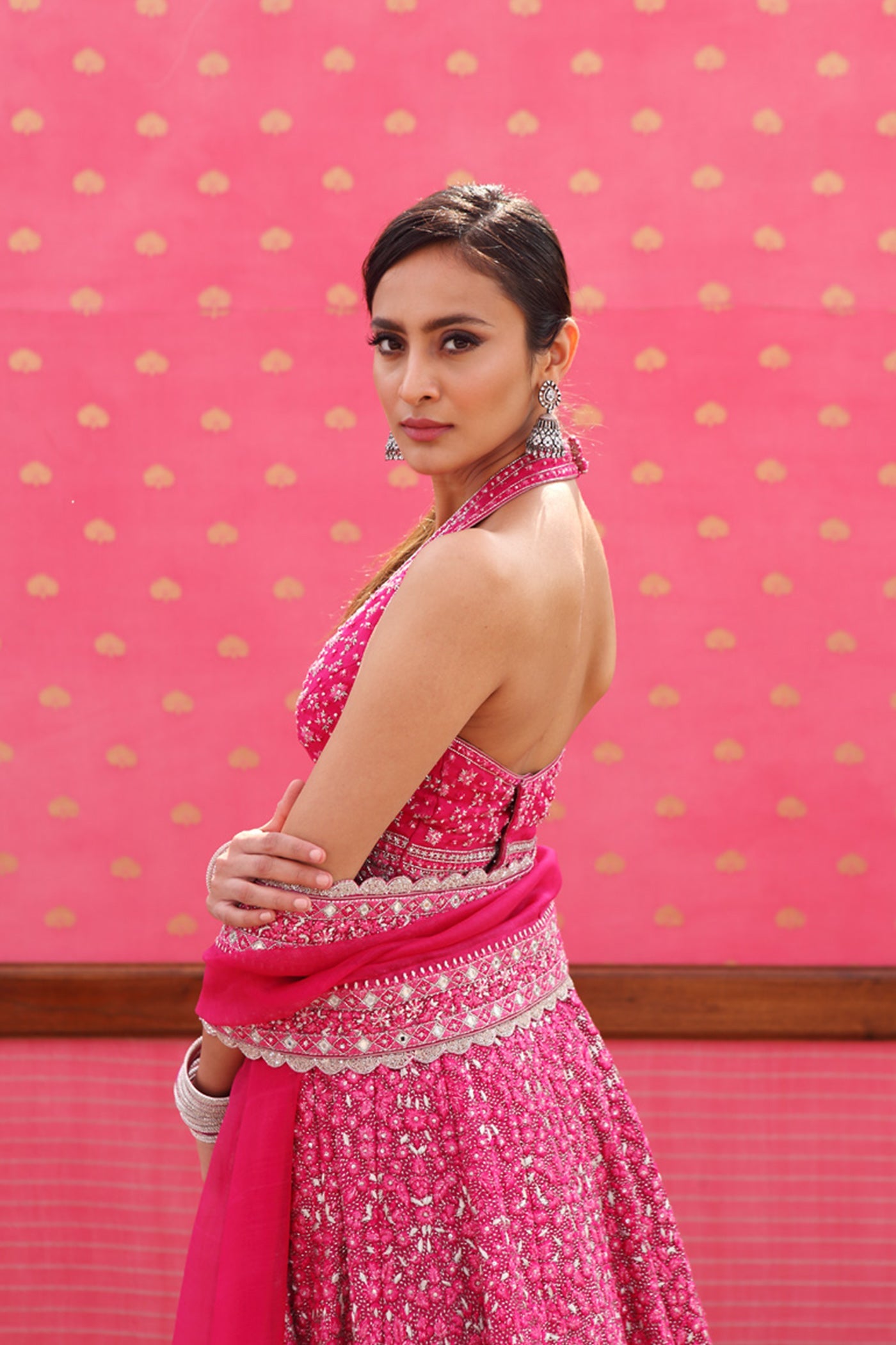 Hand-Embroidered Pure Silk-Organza Jazzy-Pink Lehenga-Set