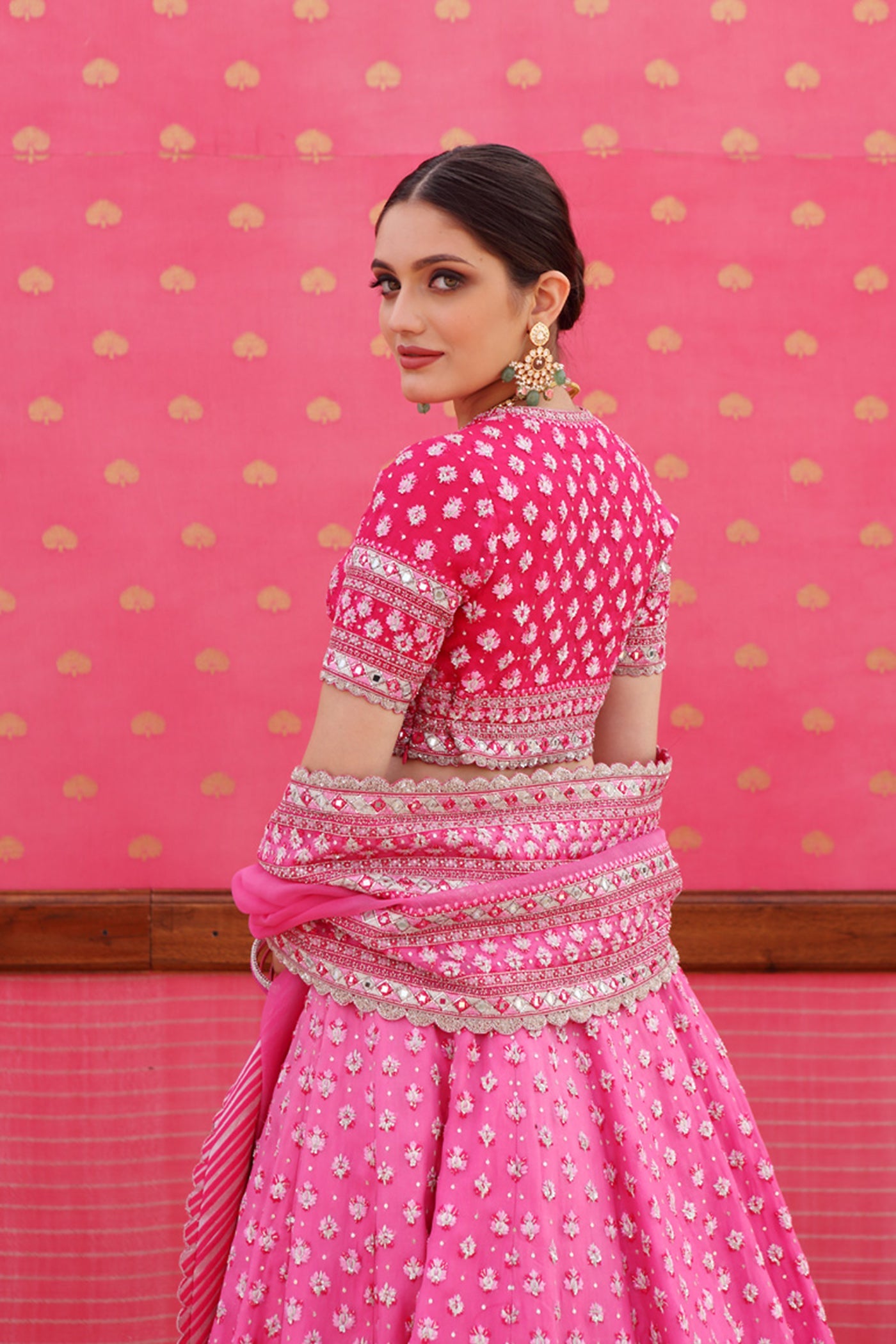 Hand-Embroidered Pure Silk-Organza Ombre Jazzy-Pink Lehenga-Set