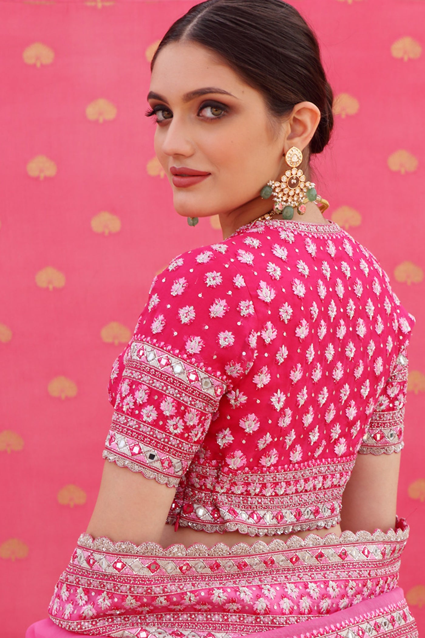 Hand-Embroidered Pure Silk-Organza Ombre Jazzy-Pink Lehenga-Set