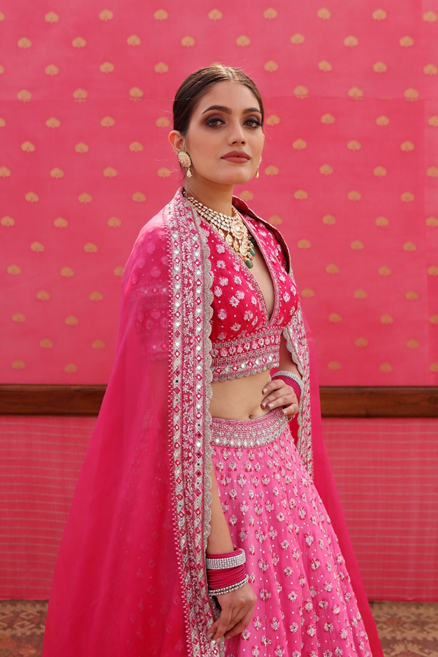 Hand-Embroidered Pure Silk-Organza Ombre Jazzy-Pink Lehenga-Set