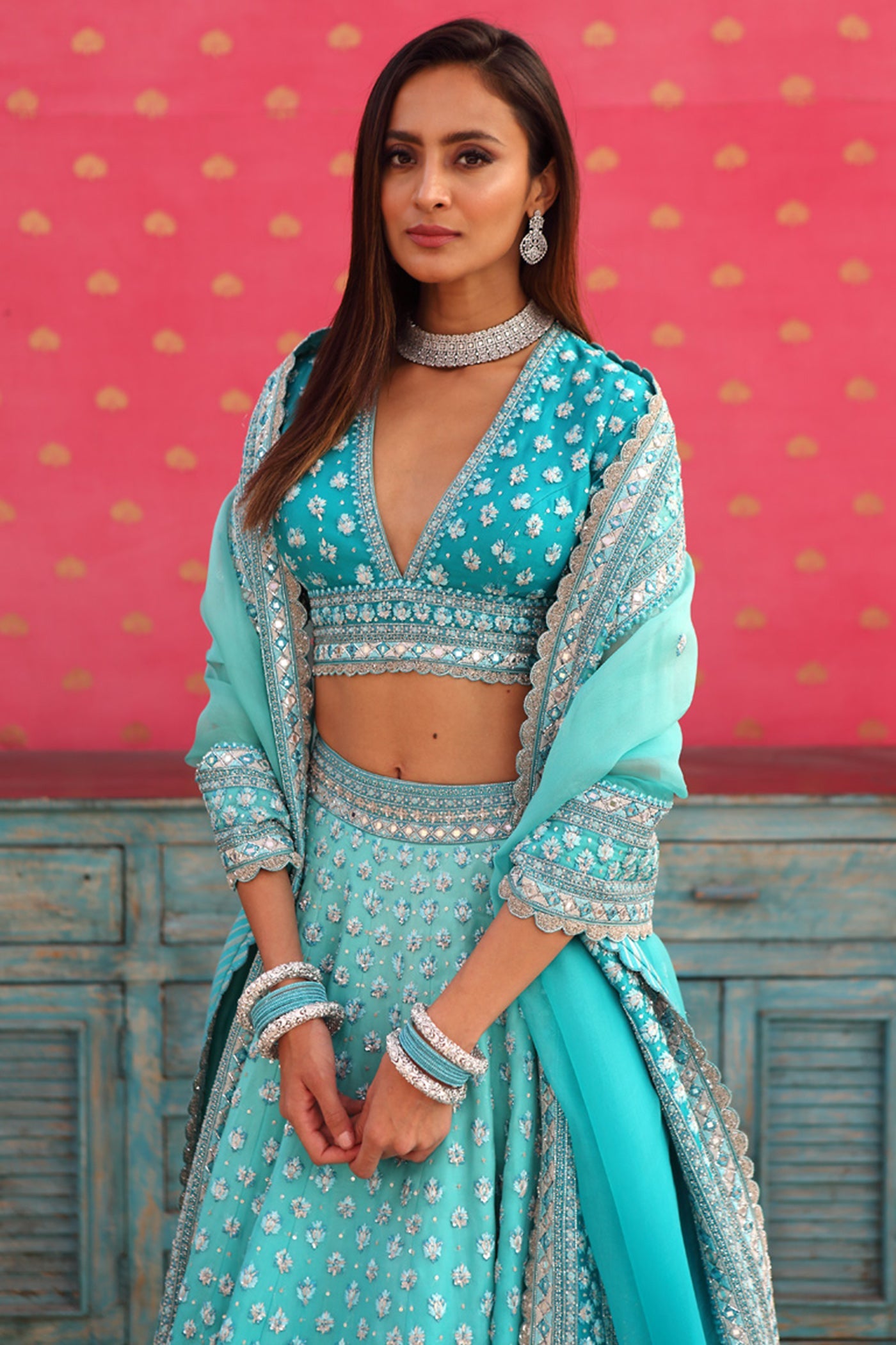 Hand-Embroidered Pure Silk-Organza Ombre Sea-Blue Lehenga-Set