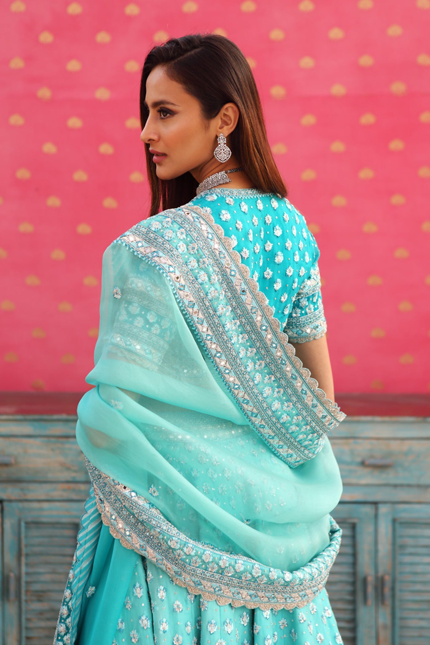 Hand-Embroidered Pure Silk-Organza Ombre Sea-Blue Lehenga-Set