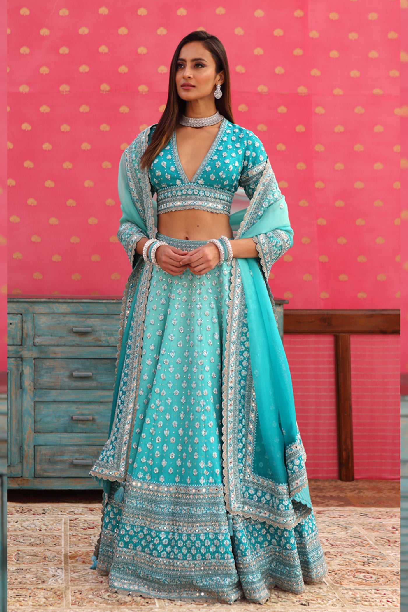 Hand-Embroidered Pure Silk-Organza Ombre Sea-Blue Lehenga-Set