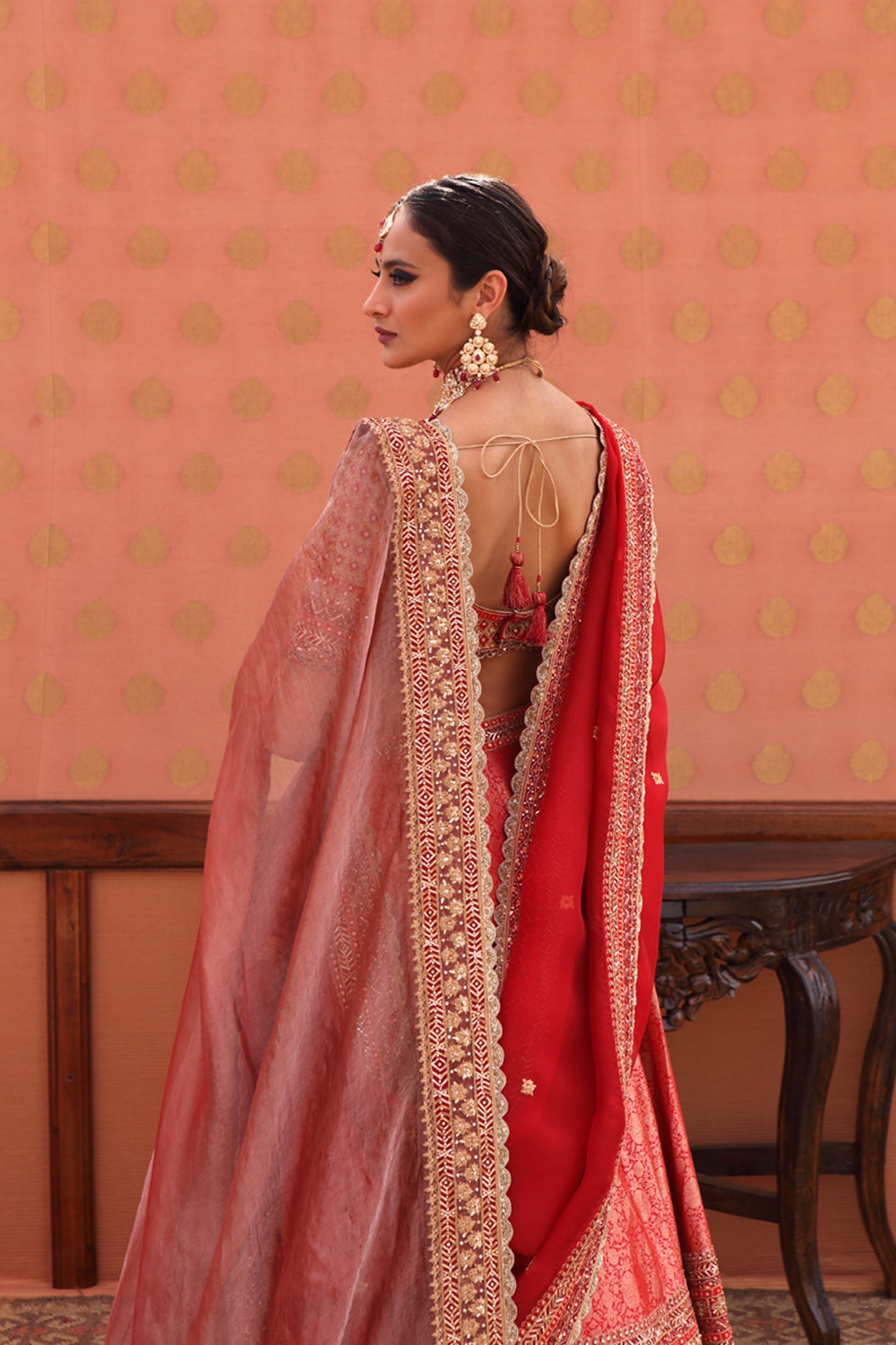 Hand-Embroidered Haute-Red Pure Silk Brocade Lehenga-Set