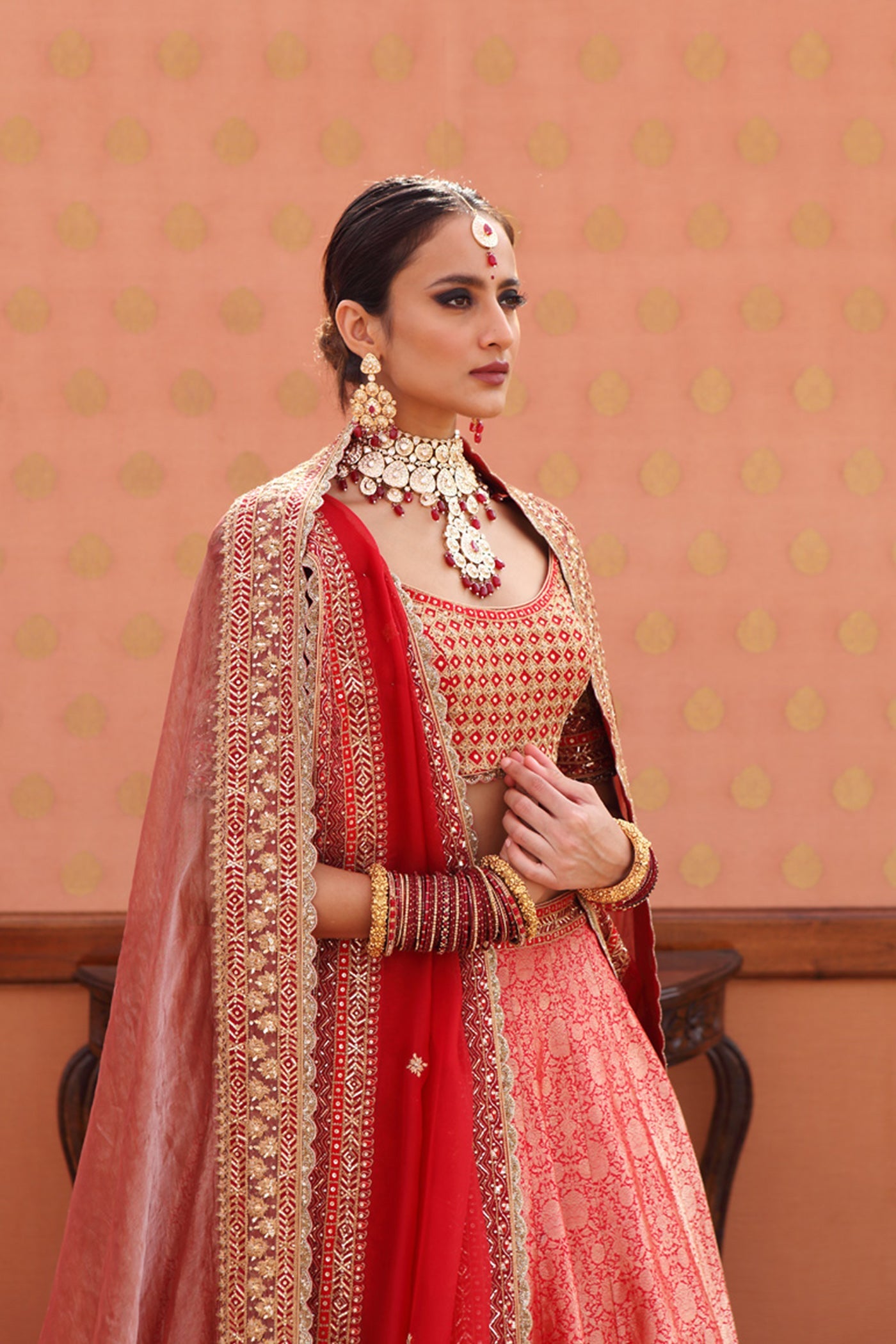 Hand-Embroidered Haute-Red Pure Silk Brocade Lehenga-Set