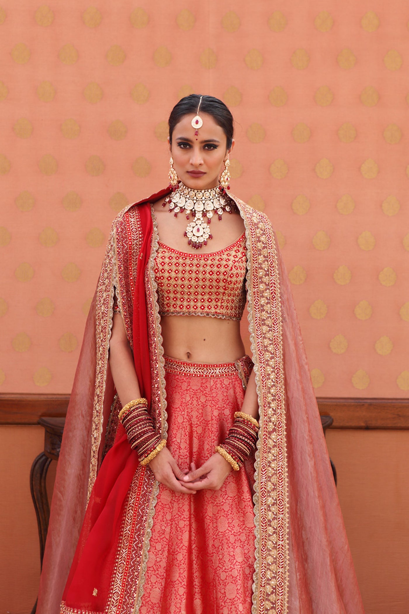 Hand-Embroidered Haute-Red Pure Silk Brocade Lehenga-Set