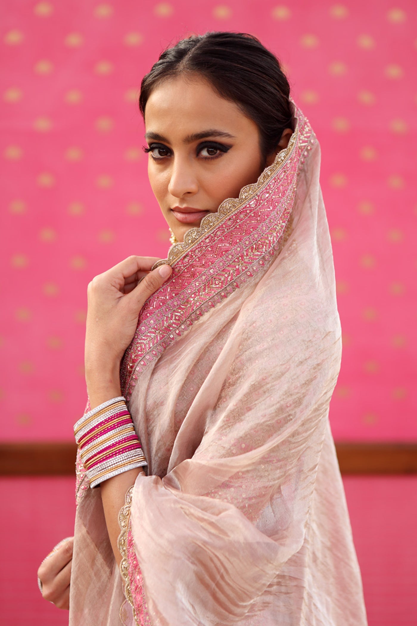 Hand-Embroidered Ice-Pink Pure Silk Brocade Lehenga-Set
