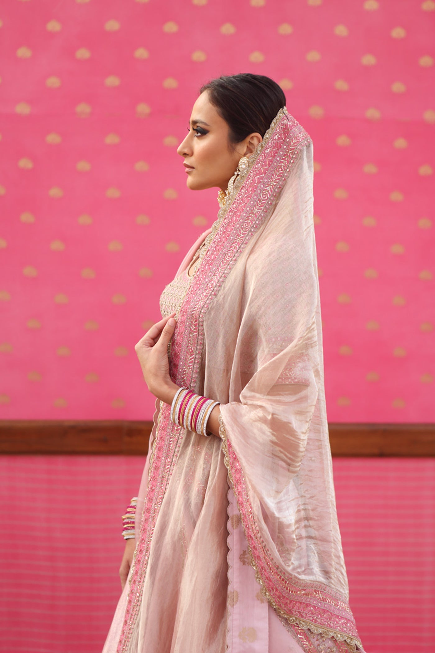 Hand-Embroidered Ice-Pink Pure Silk Brocade Lehenga-Set