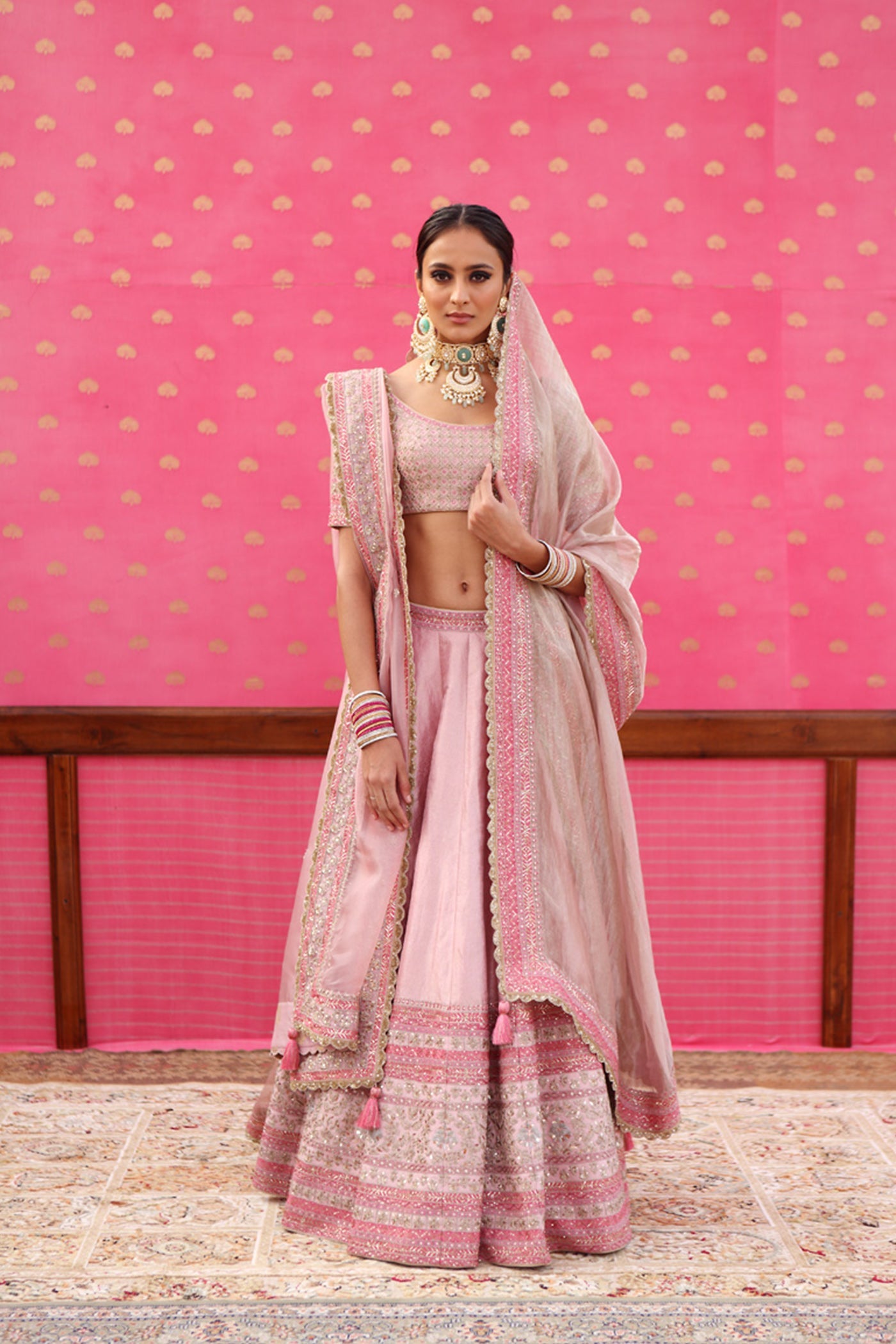 Hand-Embroidered Ice-Pink Pure Silk Brocade Lehenga-Set