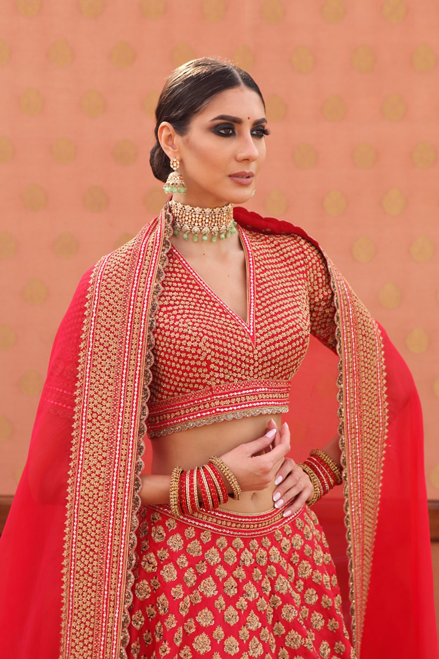 Hand-Embroidered Chinese-Red Pure Silk-Organza Lehenga-Set