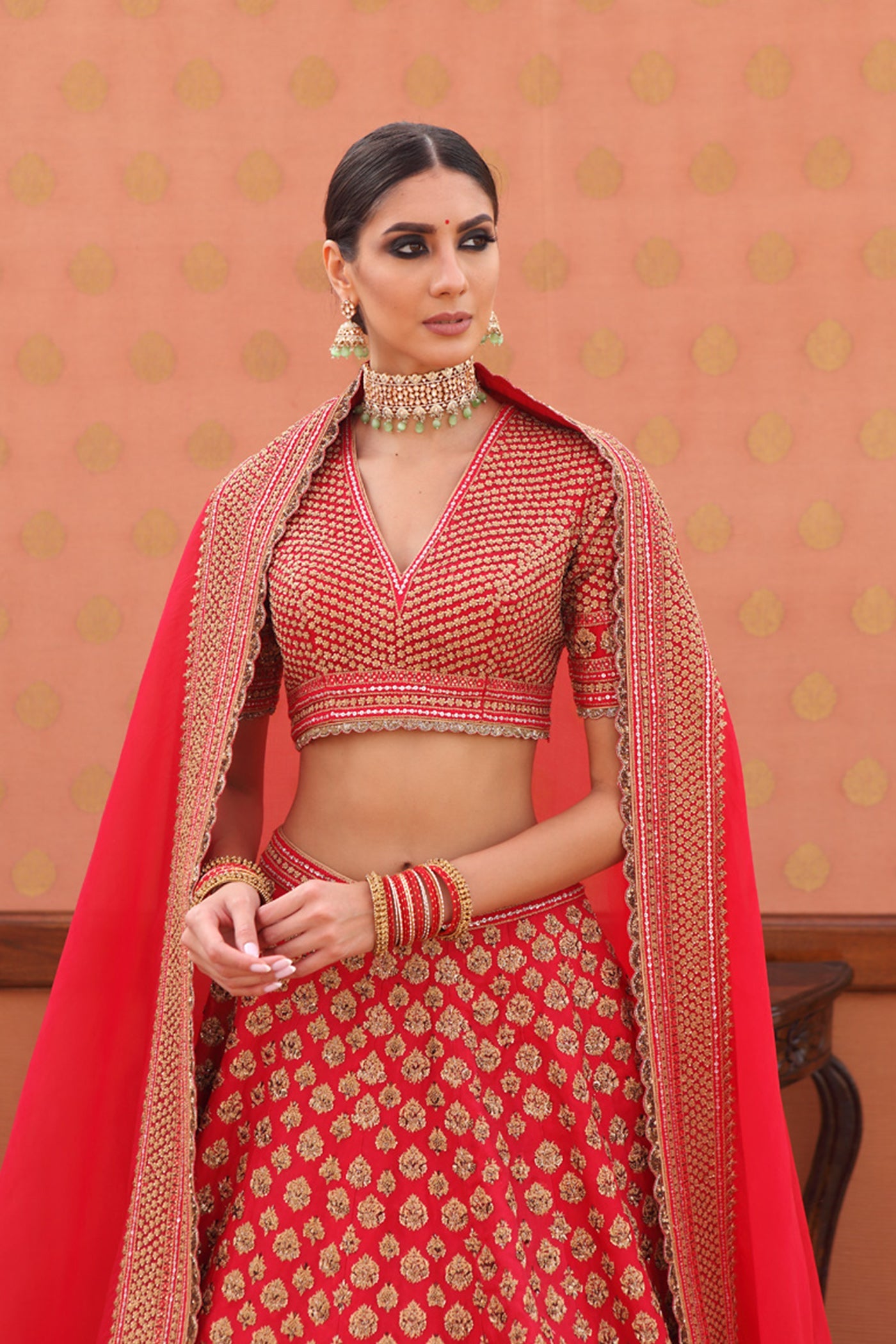 Hand-Embroidered Chinese-Red Pure Silk-Organza Lehenga-Set