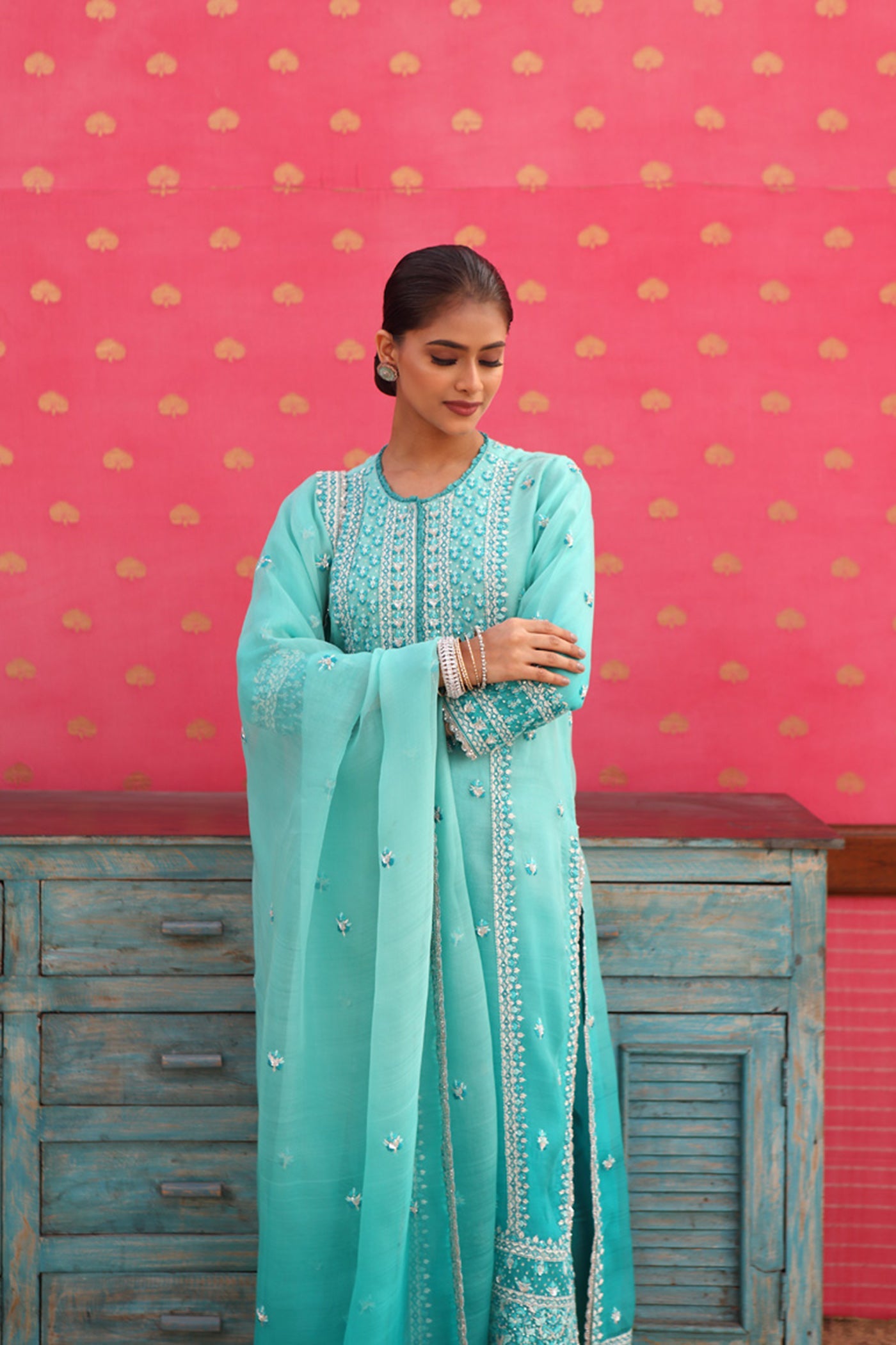 Hand-Embroidered Ombre Lagoon-Blue Kurta-Churidaar Set