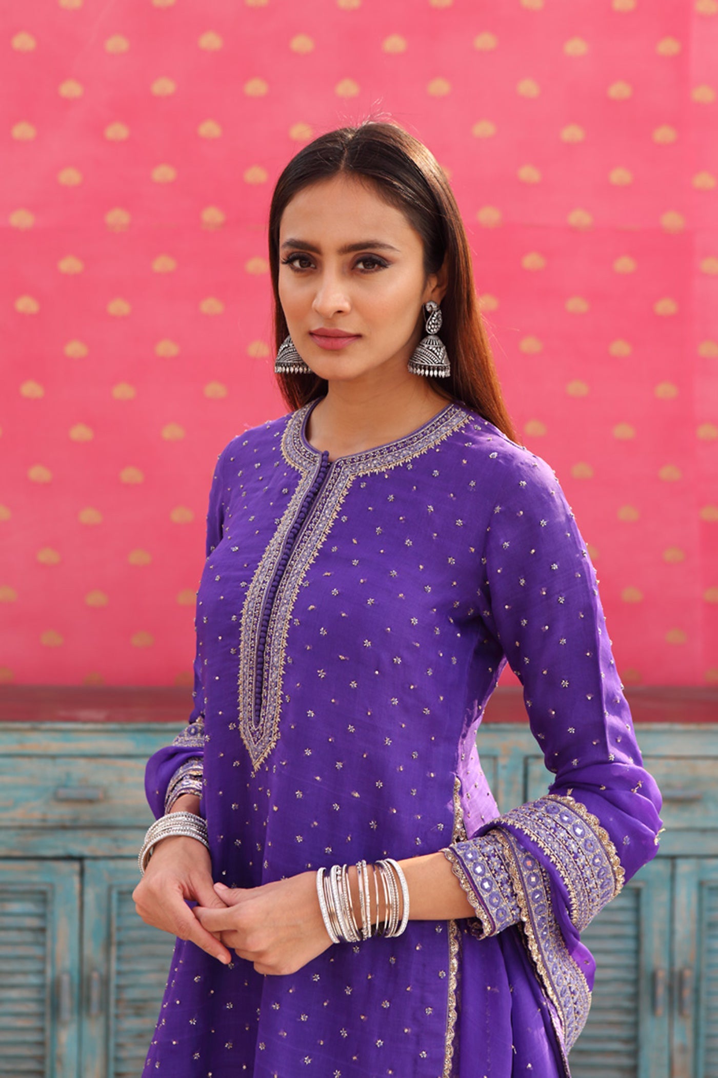 Hand-Embroidered Deep Blue-Purple Kurta-Sharara Set