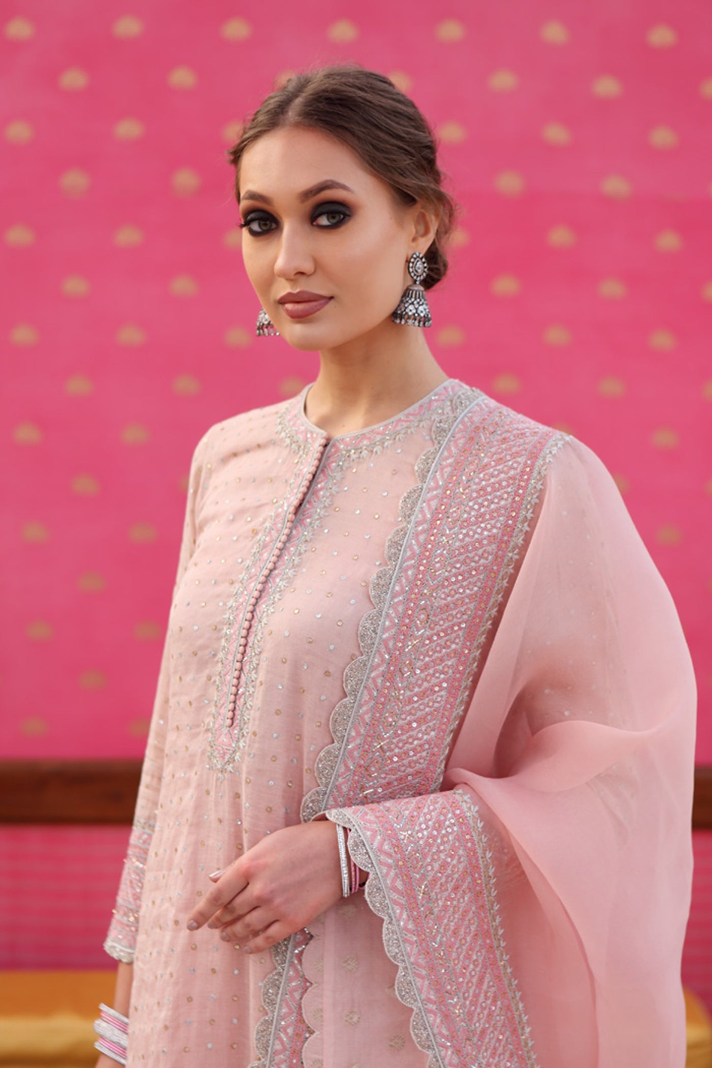 Hand-Embroidered Dusty Pastel-Pink Kurta-Churidaar Set