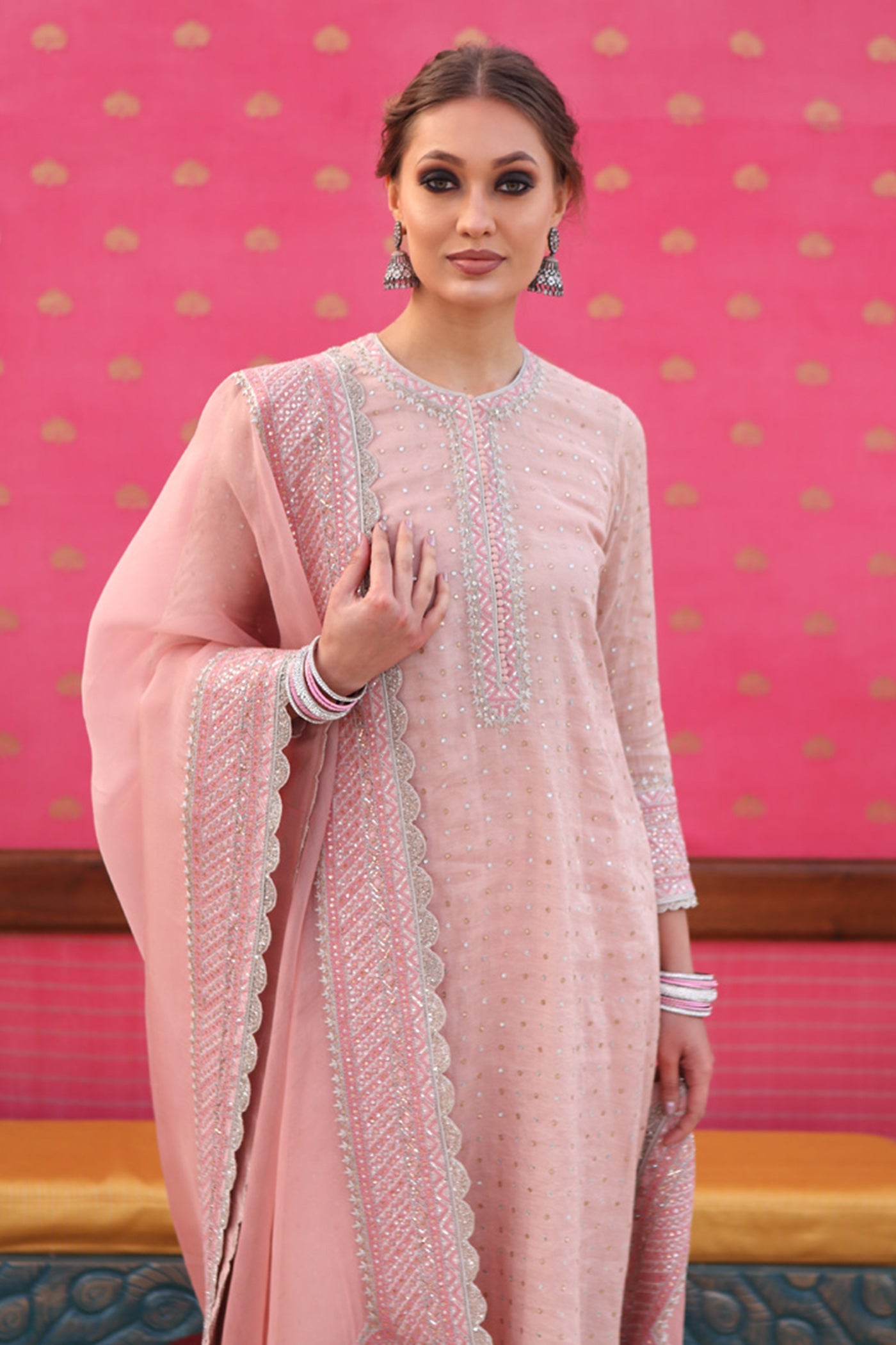 Hand-Embroidered Dusty Pastel-Pink Kurta-Churidaar Set