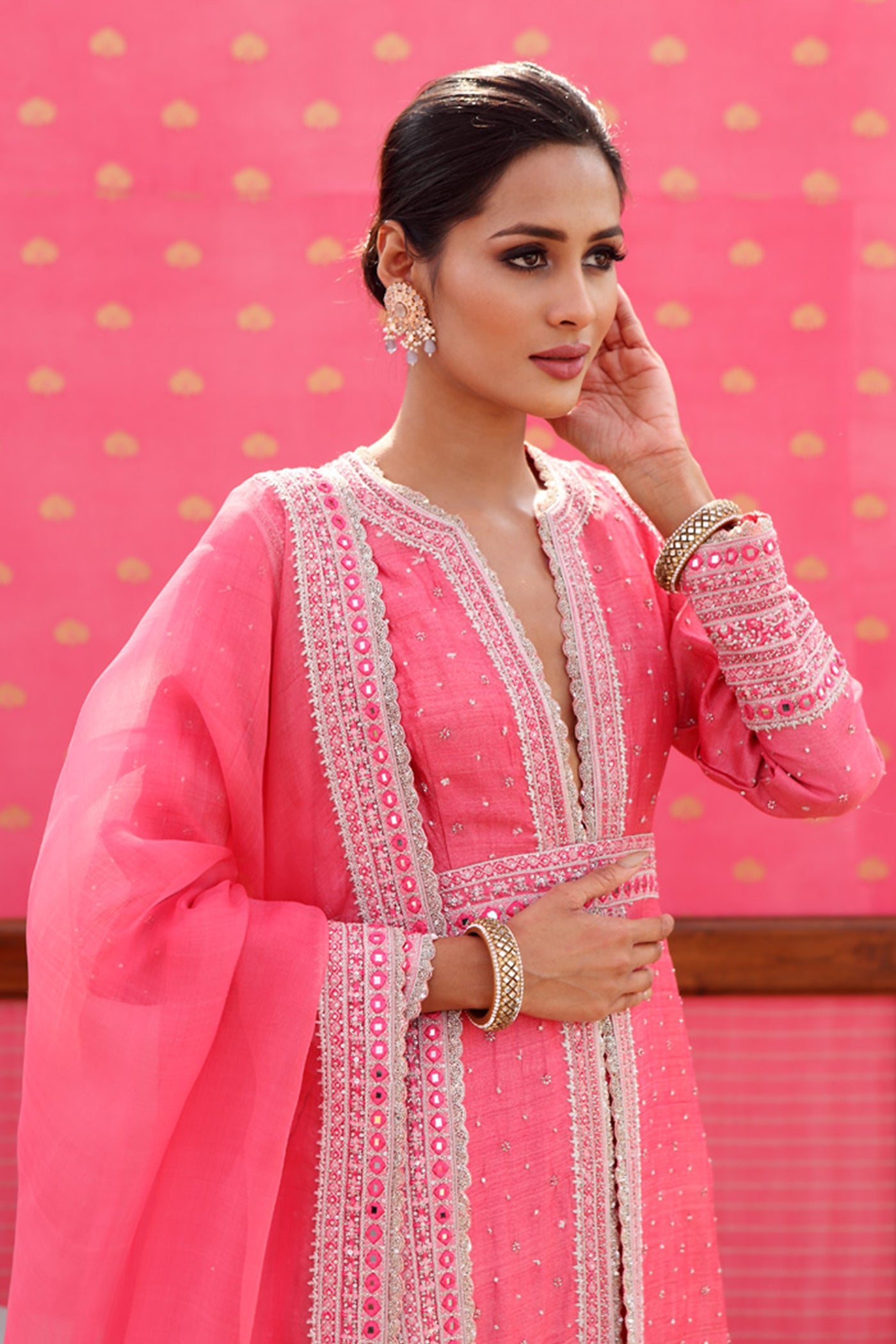 Hand-Embroidered Candy-Pink Jacket-Skirt Set