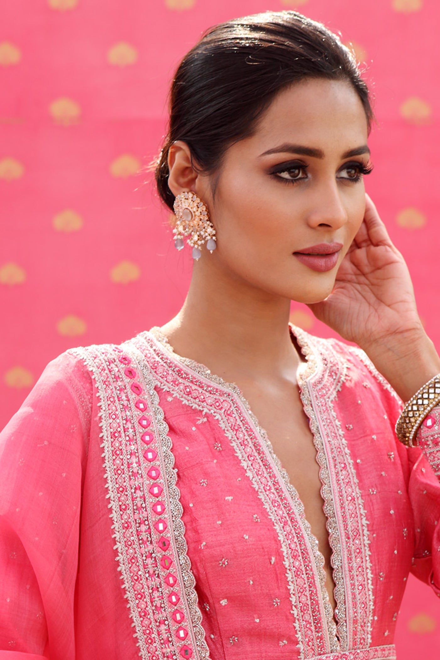 Hand-Embroidered Candy-Pink Jacket-Skirt Set