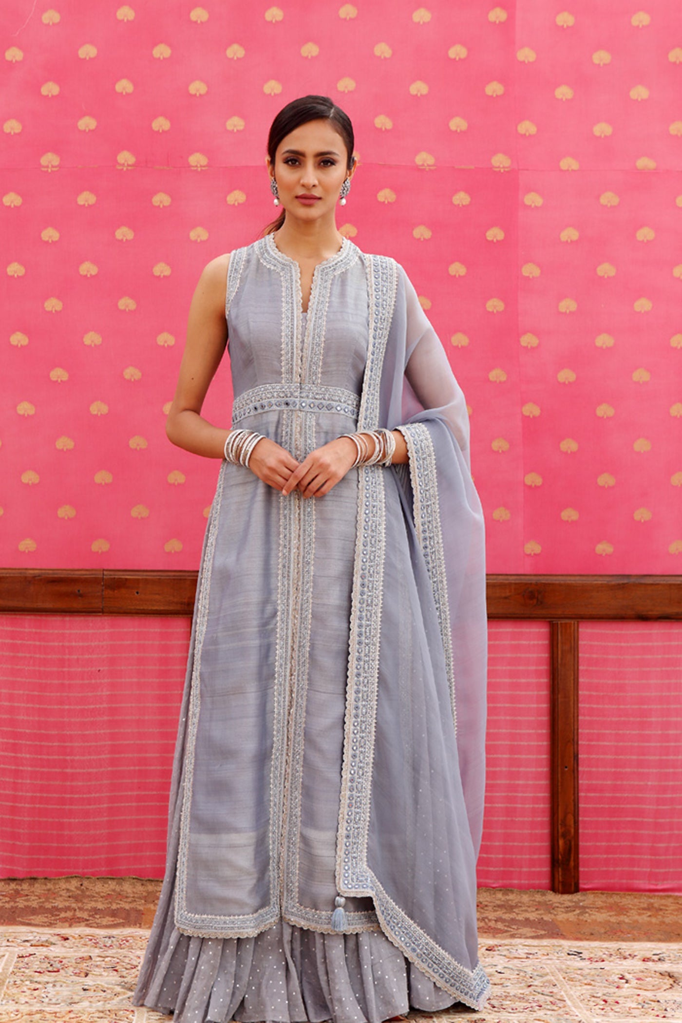 Hand-Embroidered Blue-Grey Jacket-Skirt Set