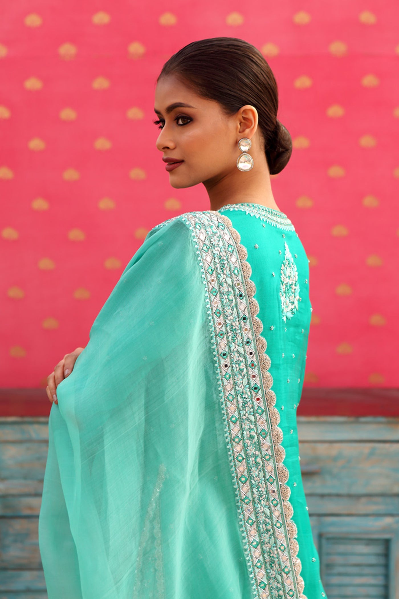 Hand-Embroidered Ombre Sea-Green Kurta-Sharara Set