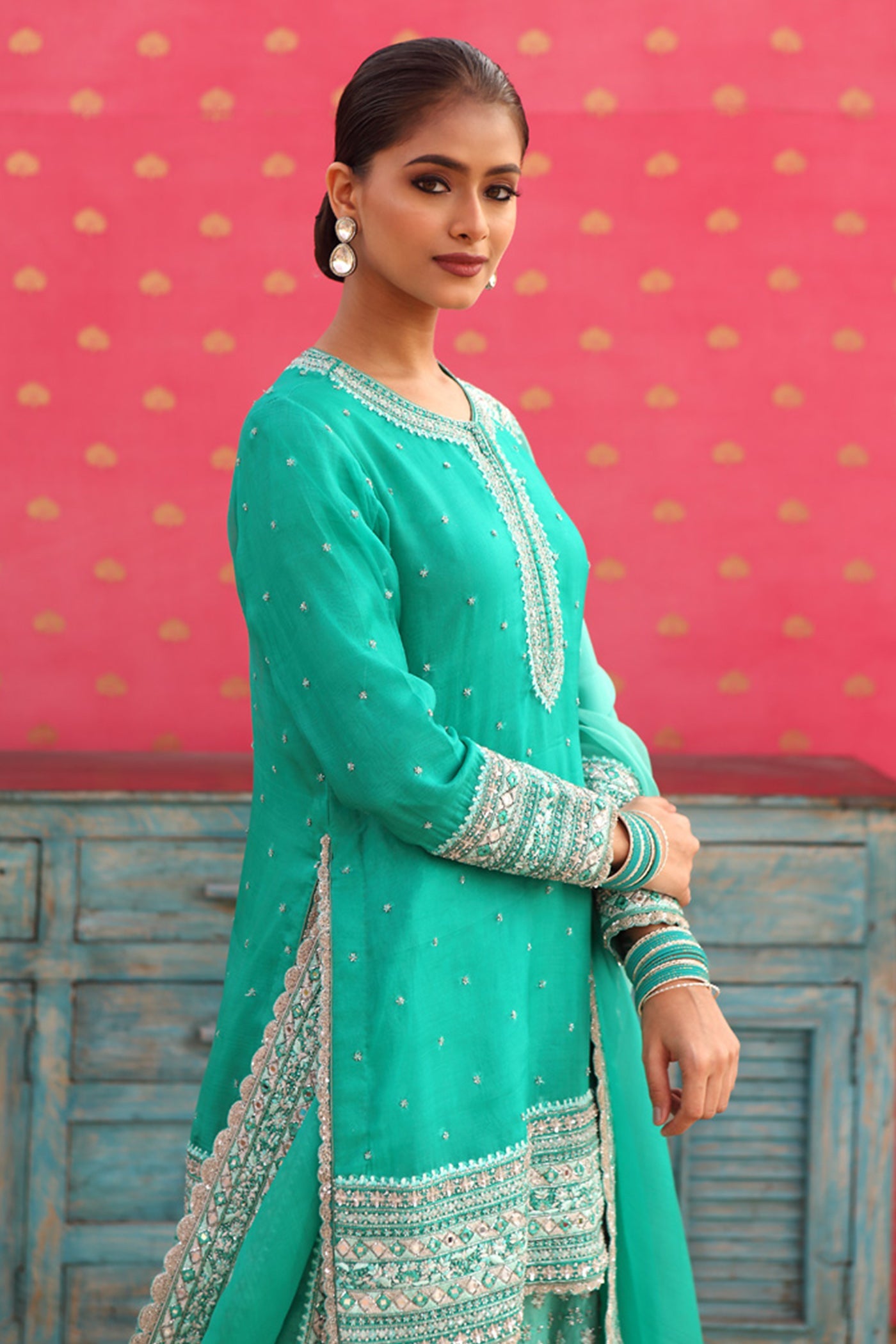 Hand-Embroidered Ombre Sea-Green Kurta-Sharara Set