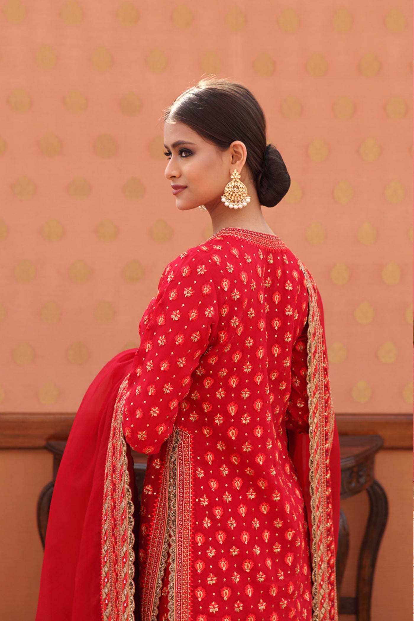 Hand-Embroidered Chili-Pepper Red Kurta-Sharara Set
