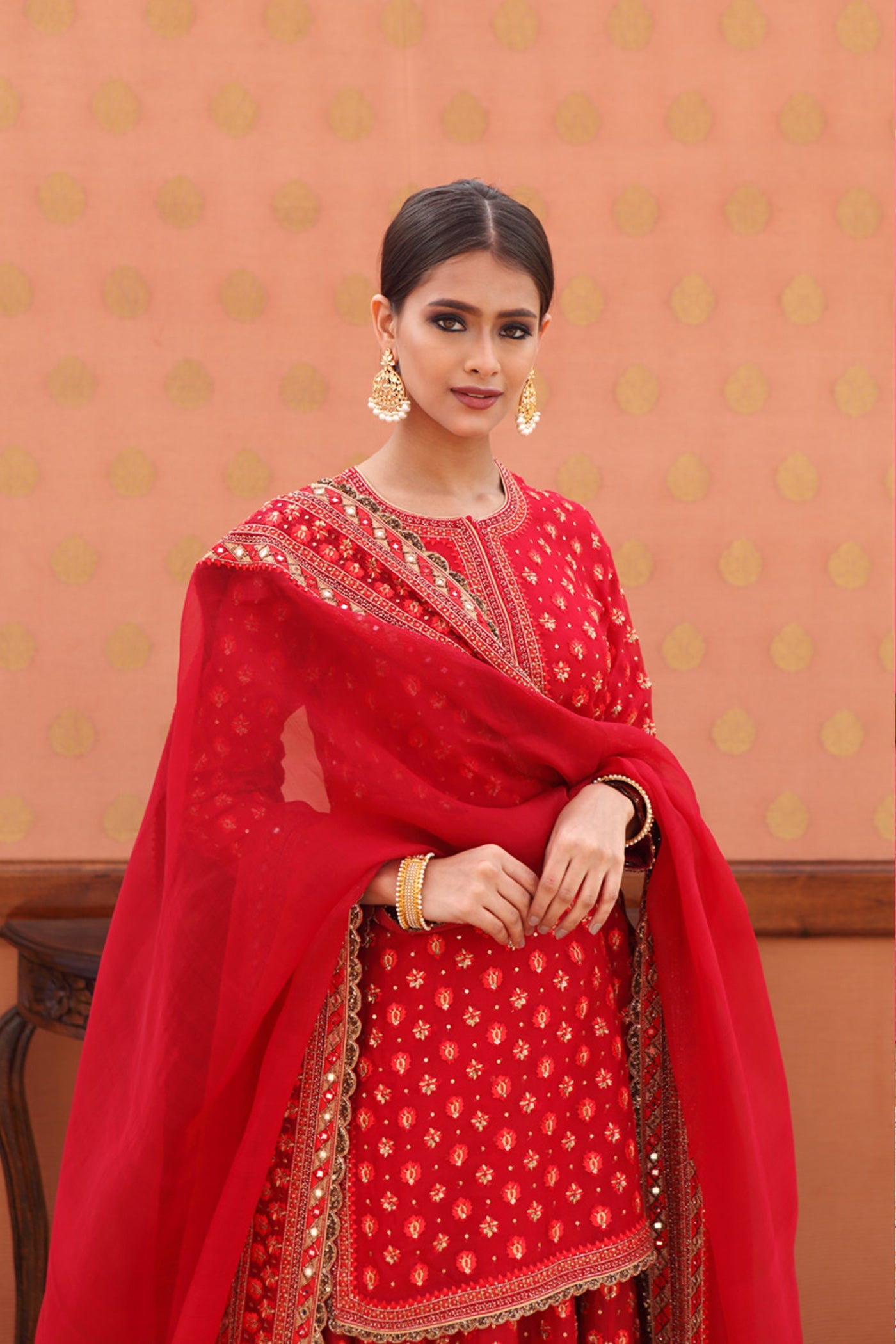 Hand-Embroidered Chili-Pepper Red Kurta-Sharara Set