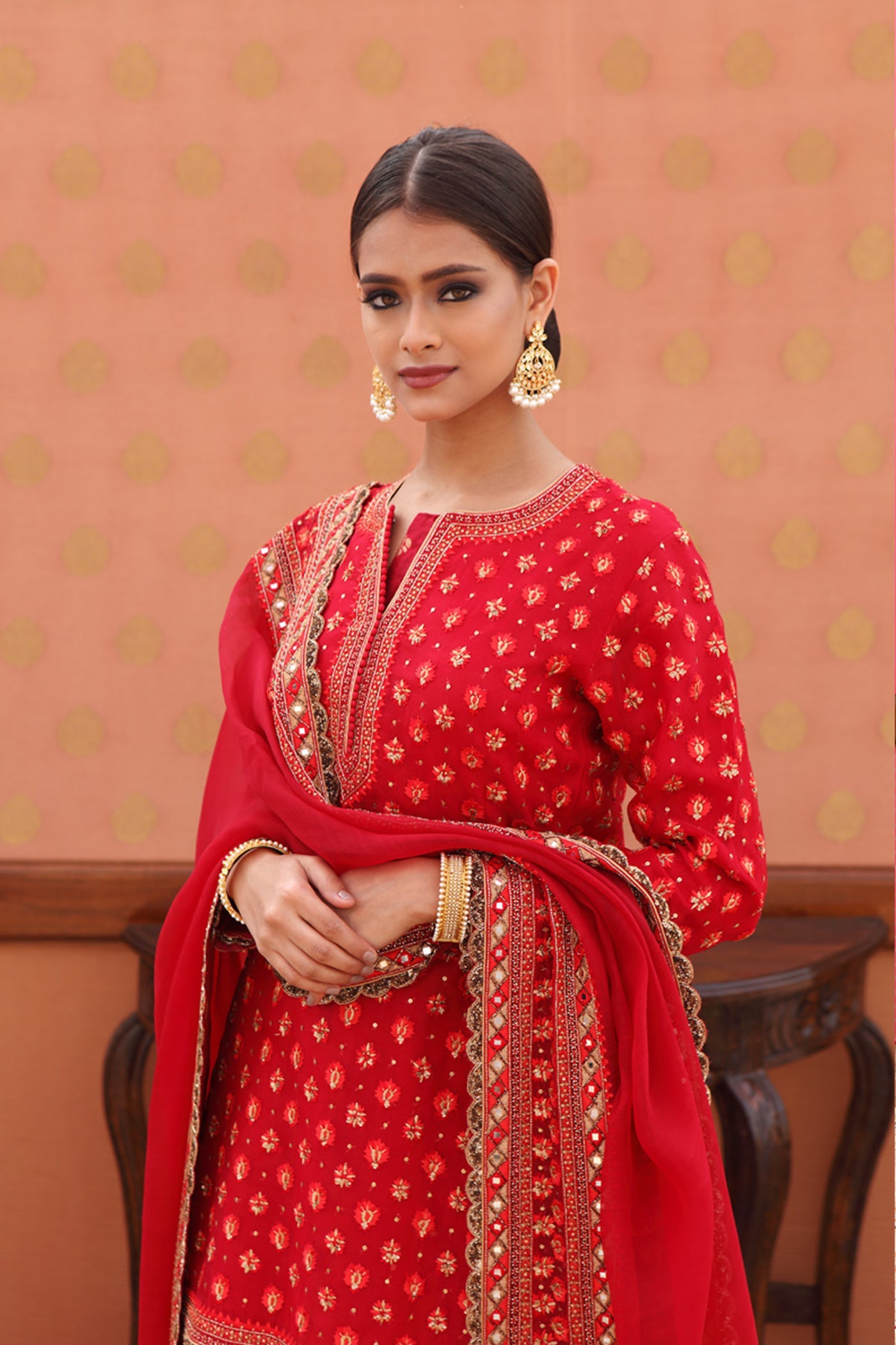 Hand-Embroidered Chili-Pepper Red Kurta-Sharara Set