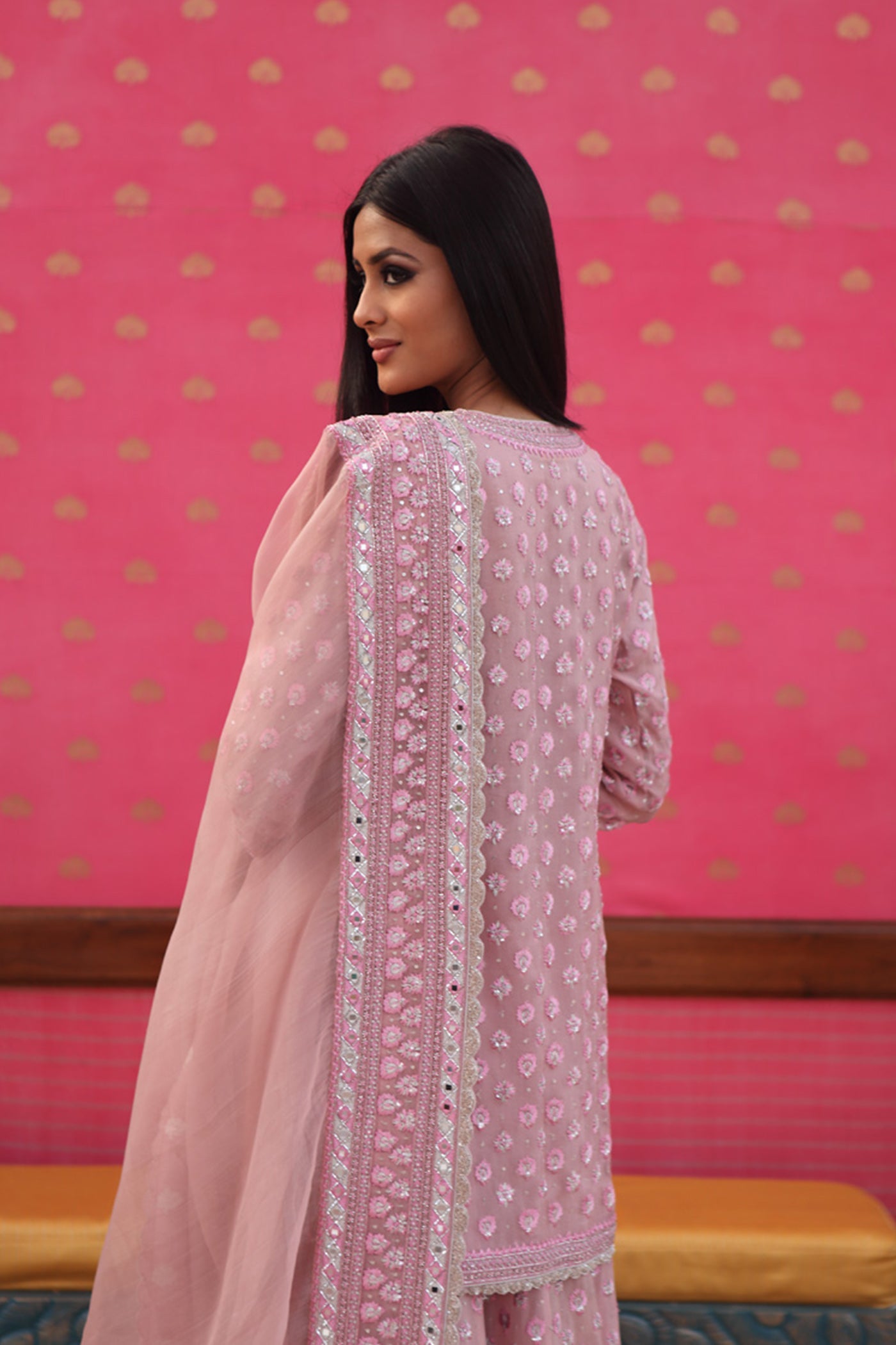 Hand-Embroidered Crystal-Pink Kurta-Sharara Set