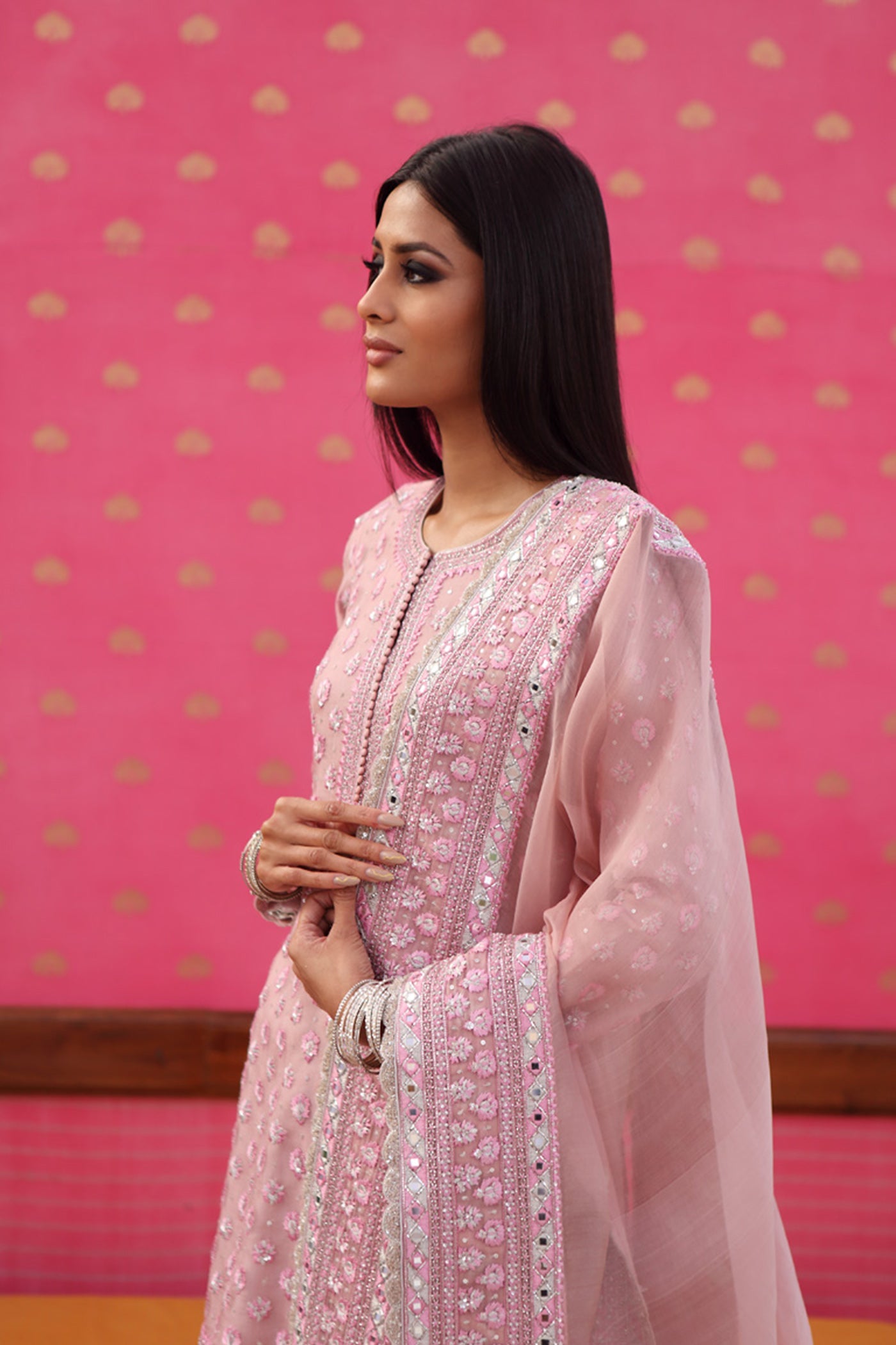 Hand-Embroidered Crystal-Pink Kurta-Sharara Set