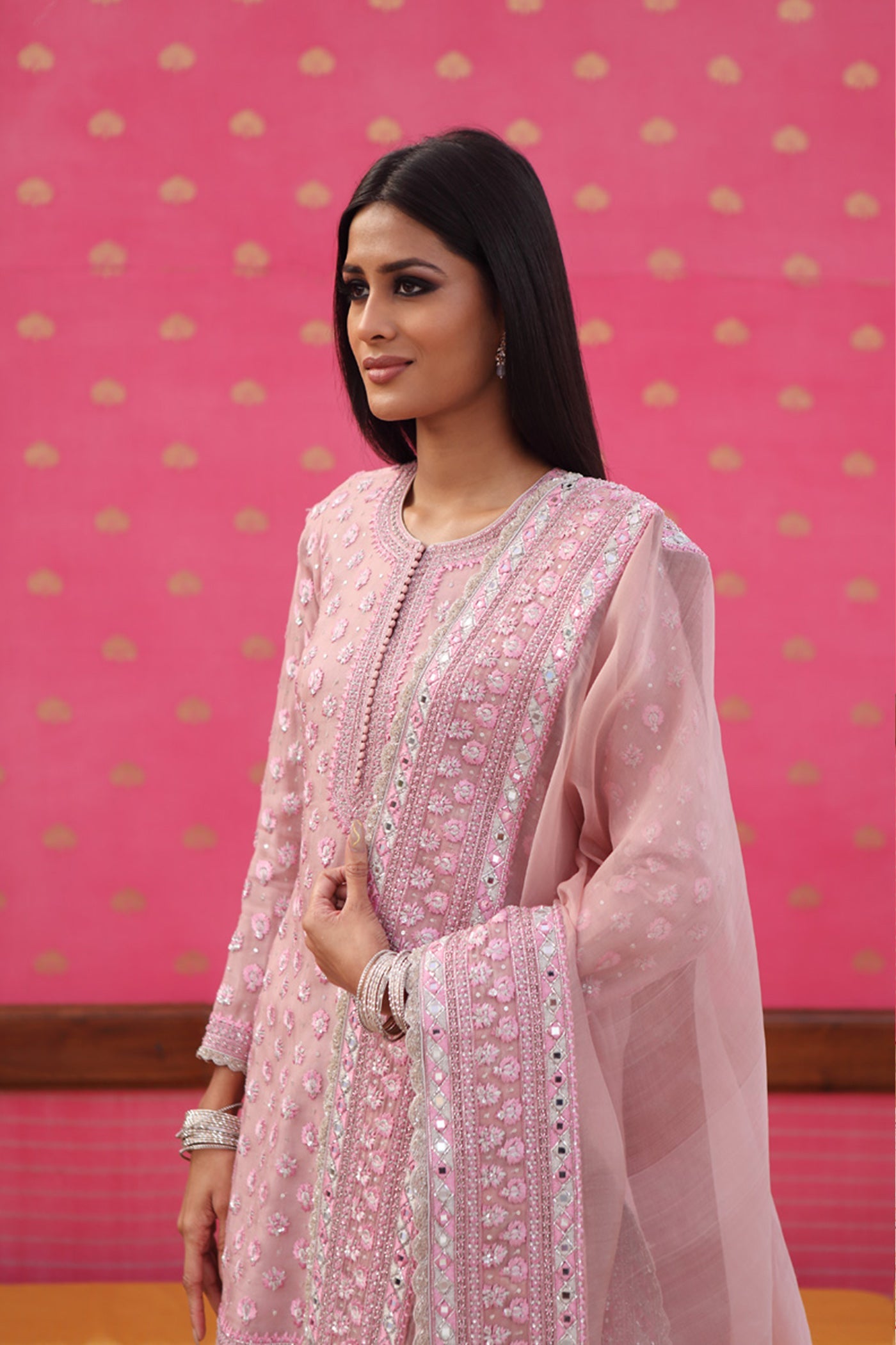 Hand-Embroidered Crystal-Pink Kurta-Sharara Set