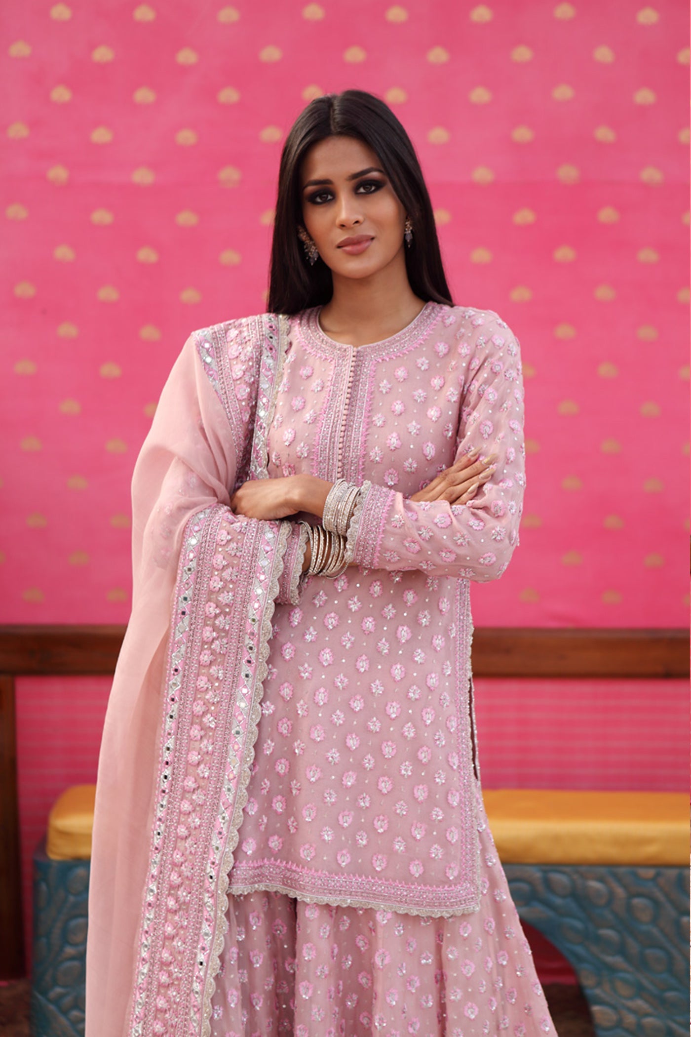 Hand-Embroidered Crystal-Pink Kurta-Sharara Set