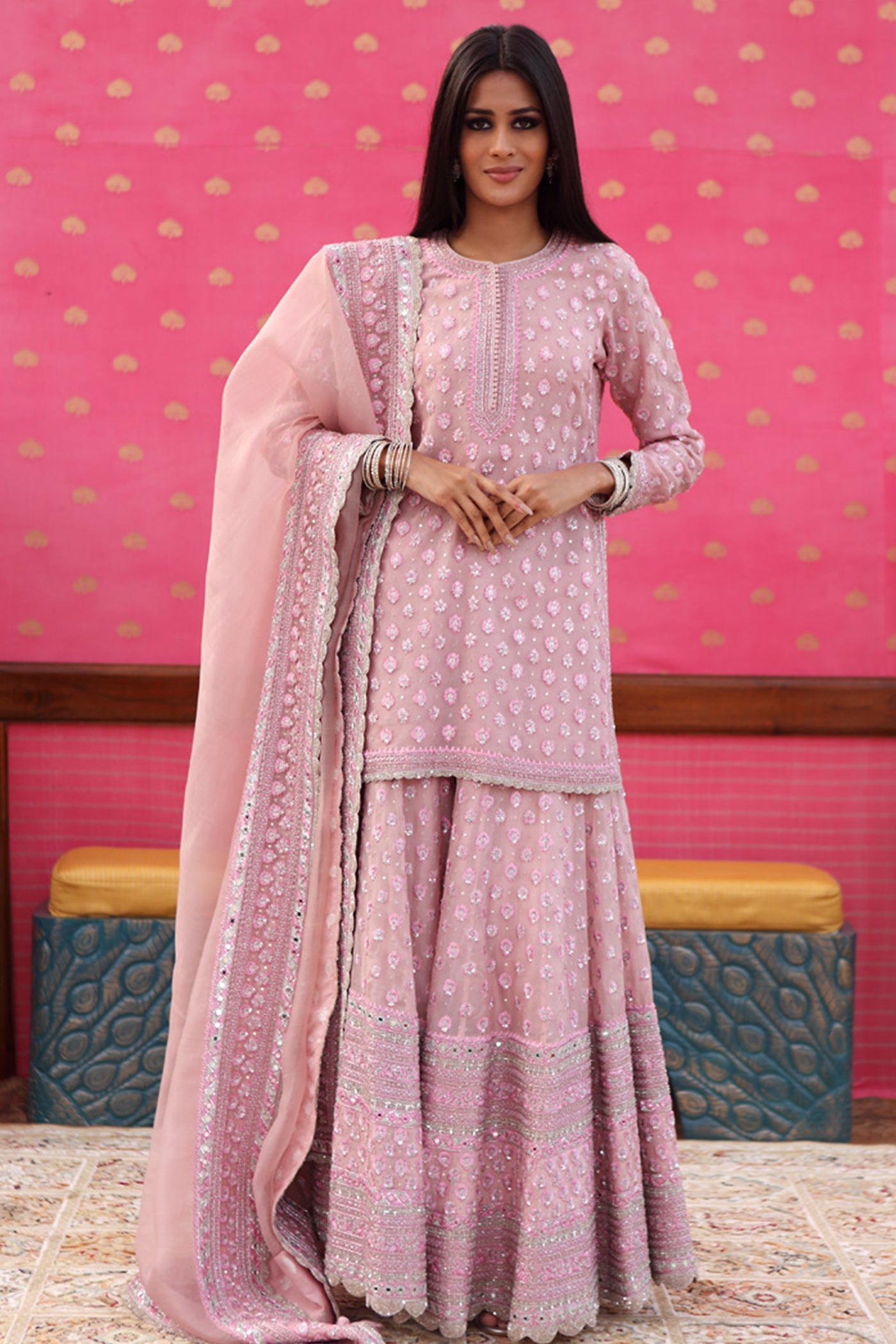 Hand-Embroidered Crystal-Pink Kurta-Sharara Set