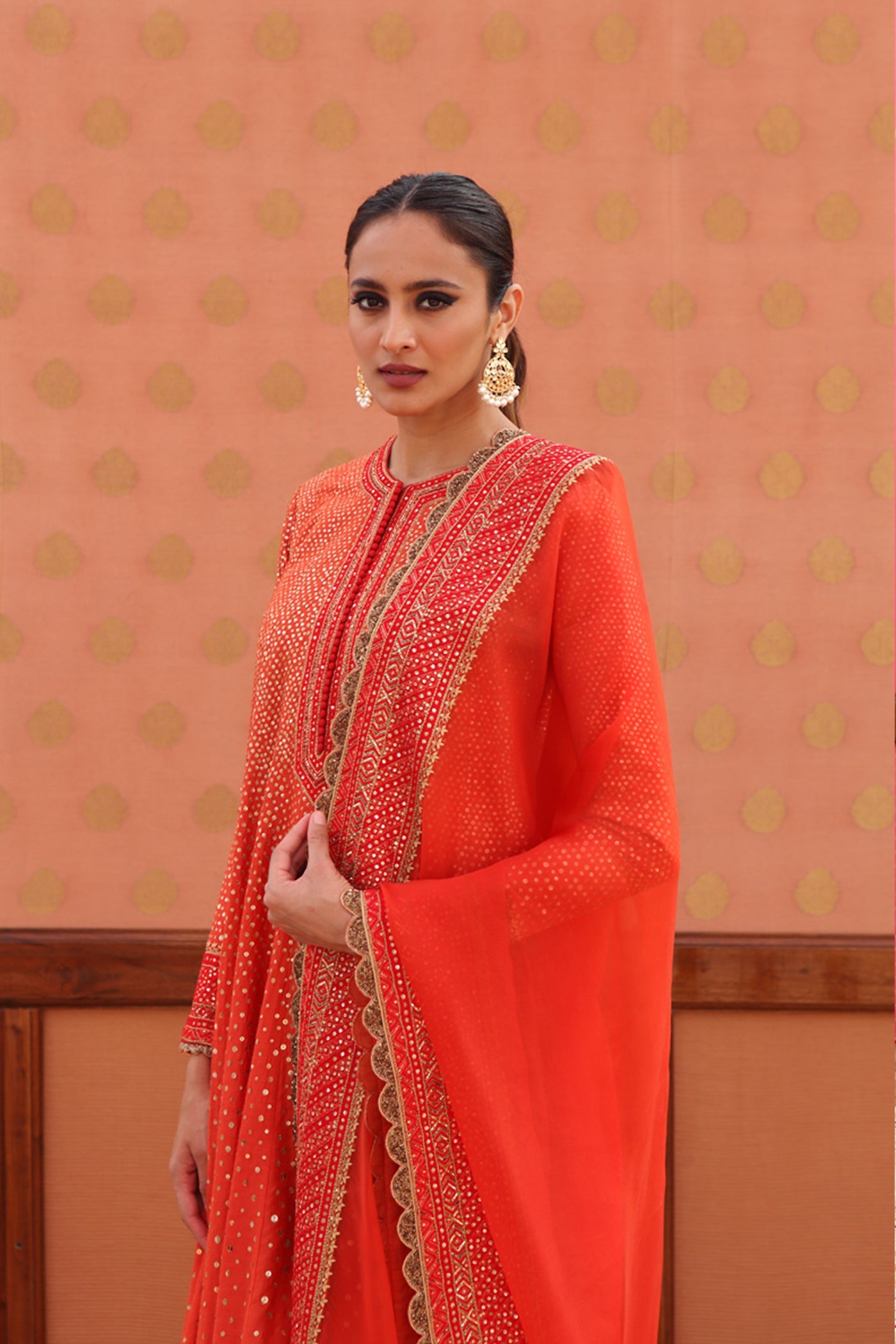 Hand-Embroidered Sinduri-Red Pure Muga-Silk Anarkali-Churidaar Set
