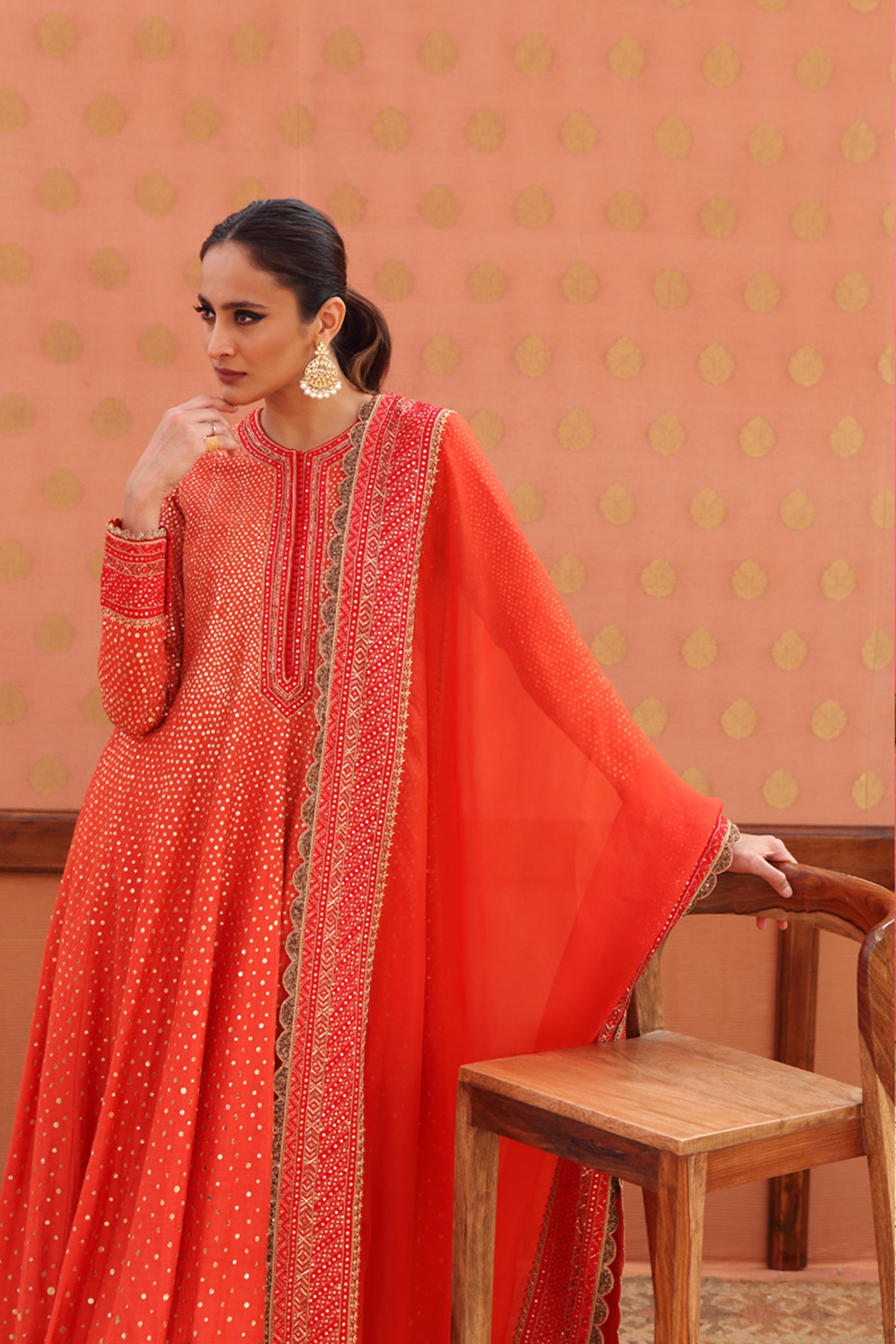 Hand-Embroidered Sinduri-Red Pure Muga-Silk Anarkali-Churidaar Set