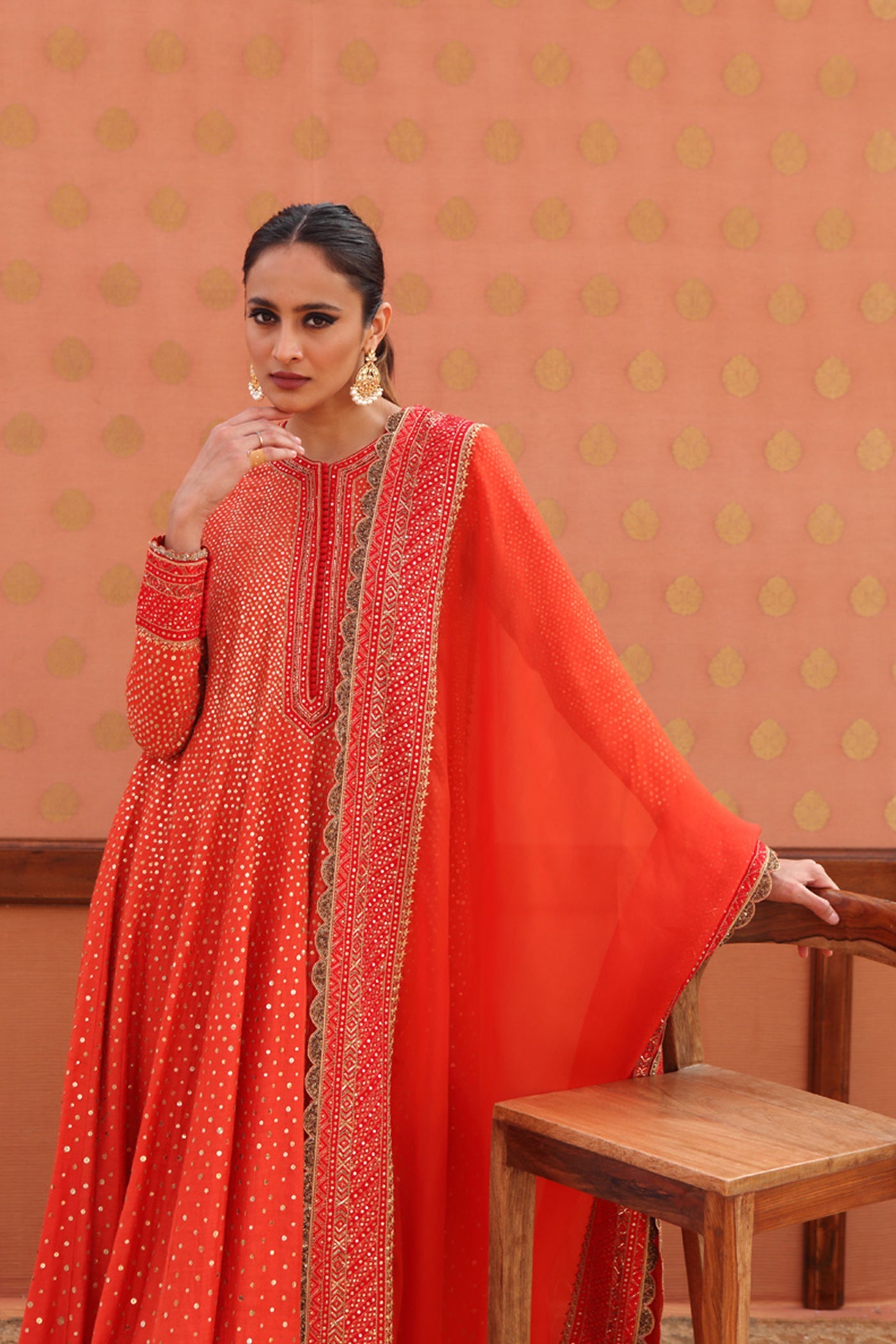 Hand-Embroidered Sinduri-Red Pure Muga-Silk Anarkali-Churidaar Set