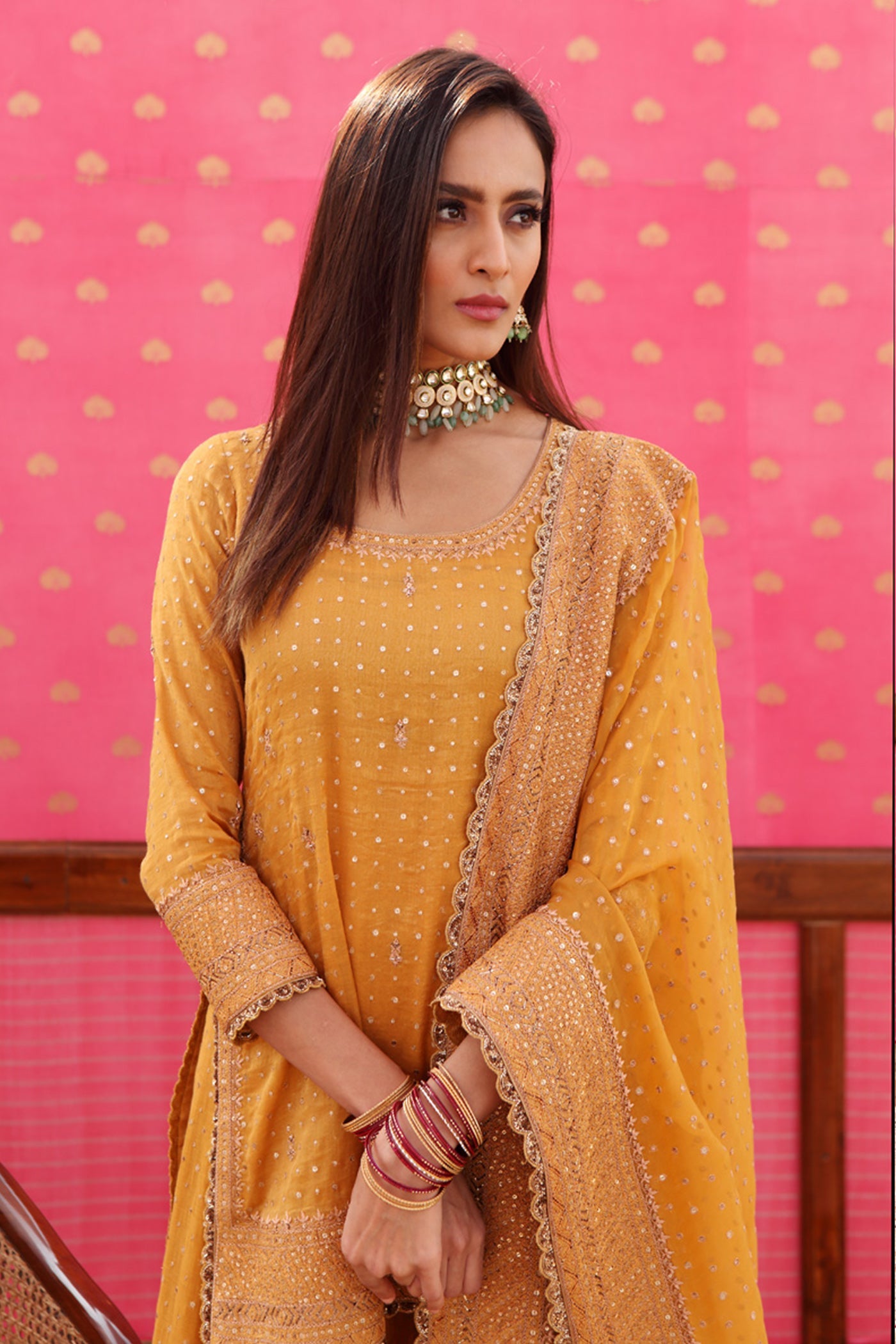 Hand-Embroidered Gold Mustard-Yellow Kurta-Sharara Set
