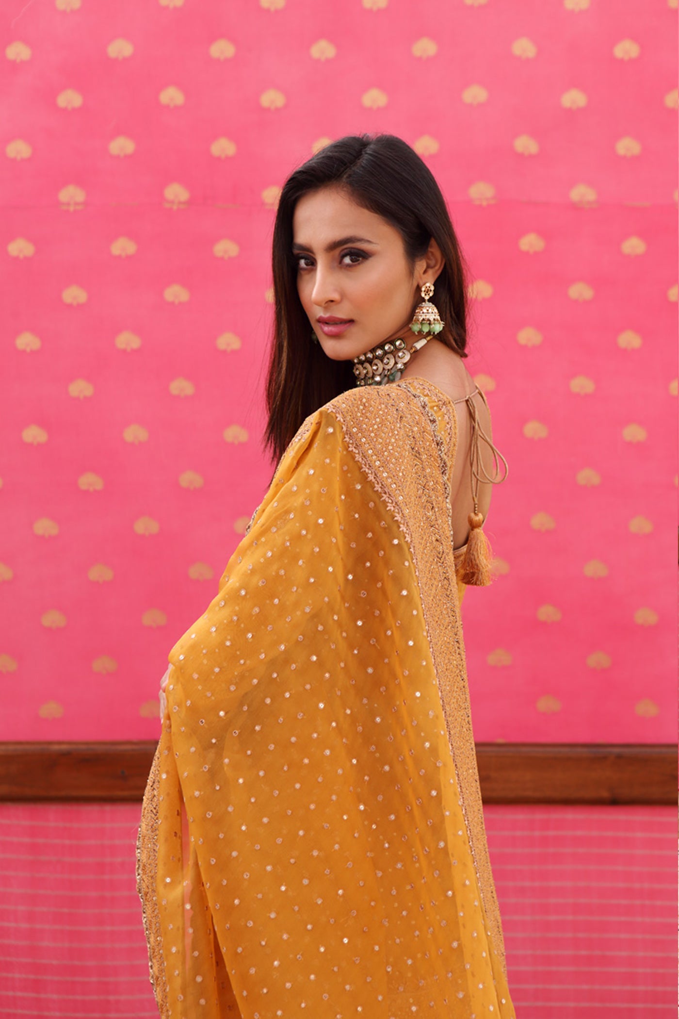 Hand-Embroidered Gold Mustard-Yellow Kurta-Sharara Set