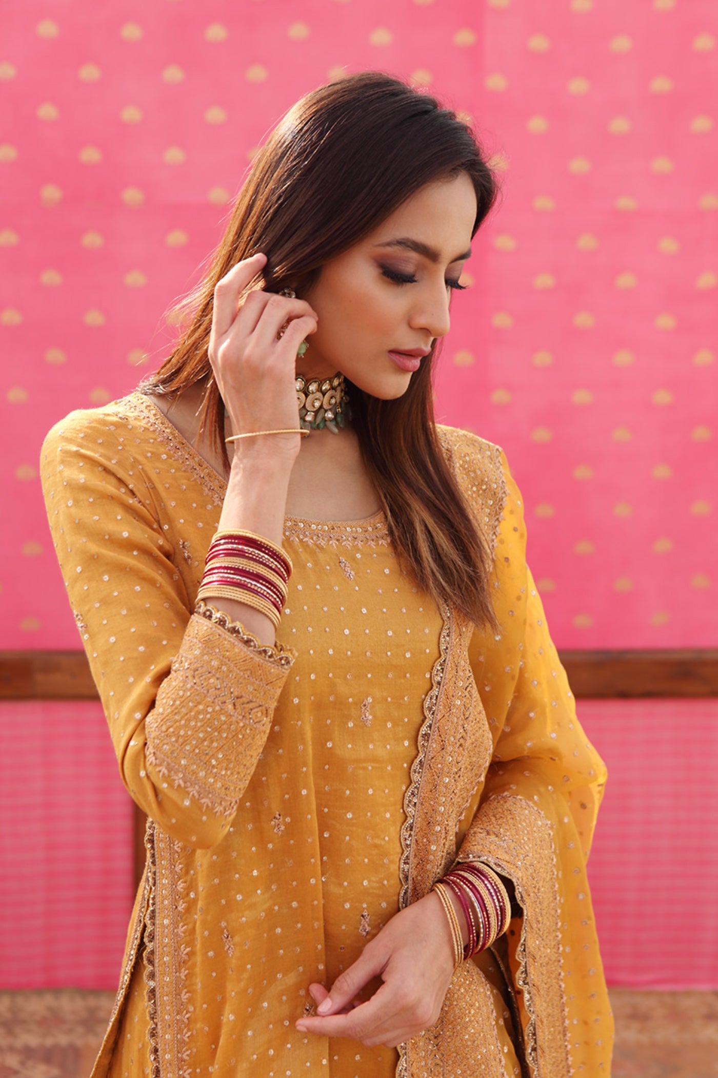 Hand-Embroidered Gold Mustard-Yellow Kurta-Sharara Set