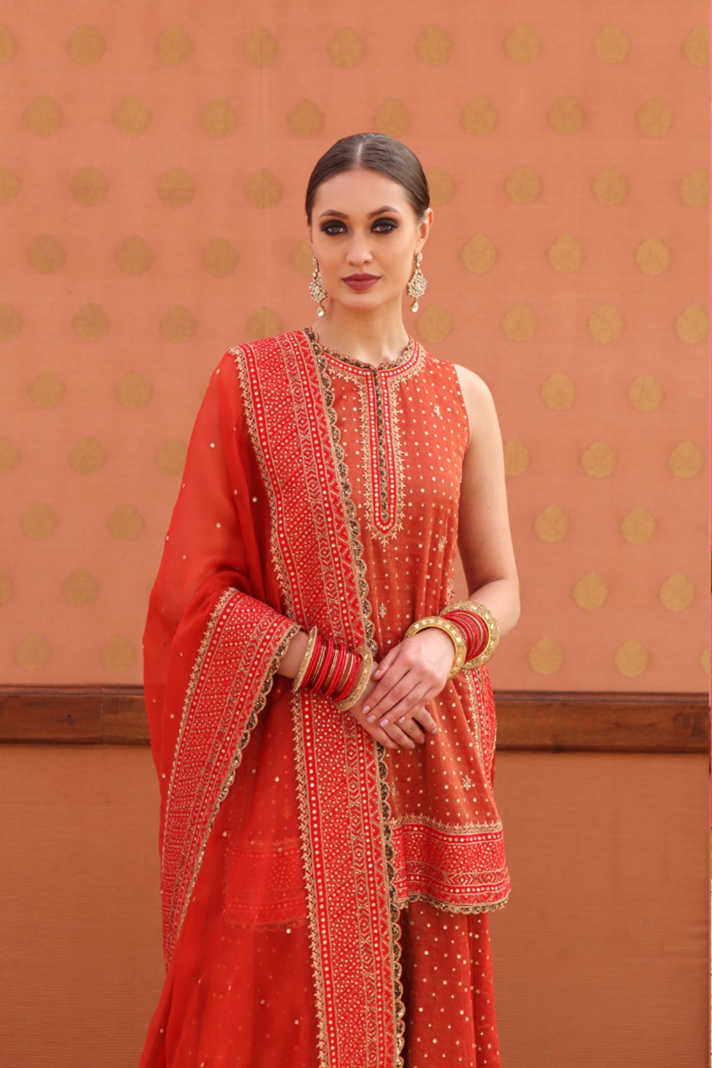 Hand-Embroidered Burnt-Orange Kurta-Sharara Set