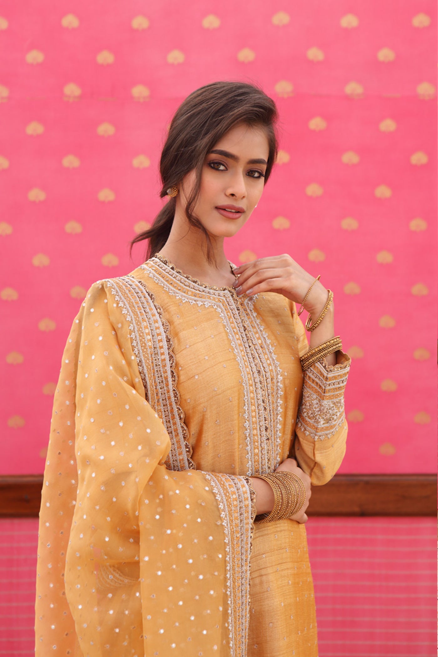 Hand-Embroidered Pale Gold-Yellow Kurta-Churidaar Set