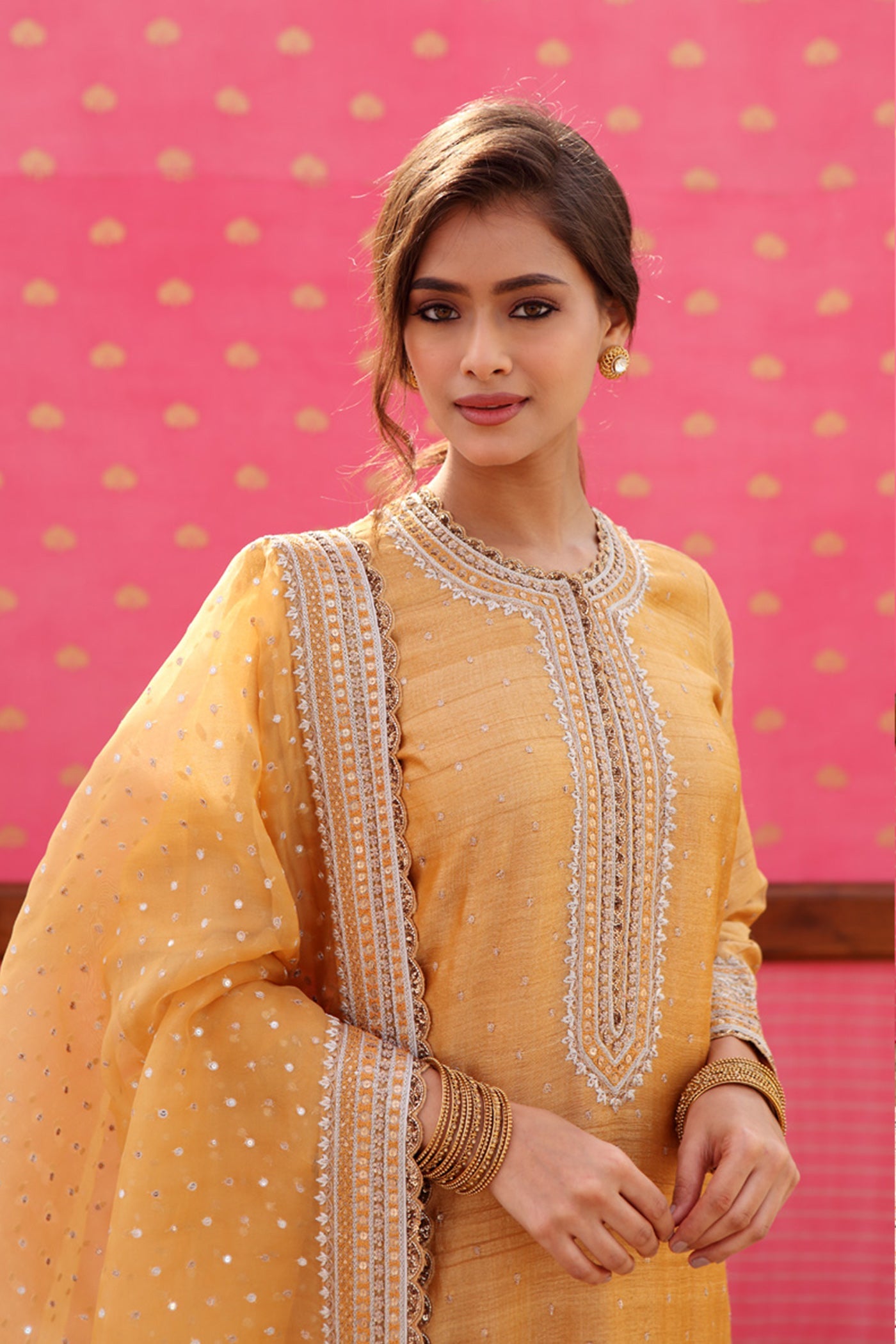 Hand-Embroidered Pale Gold-Yellow Kurta-Churidaar Set