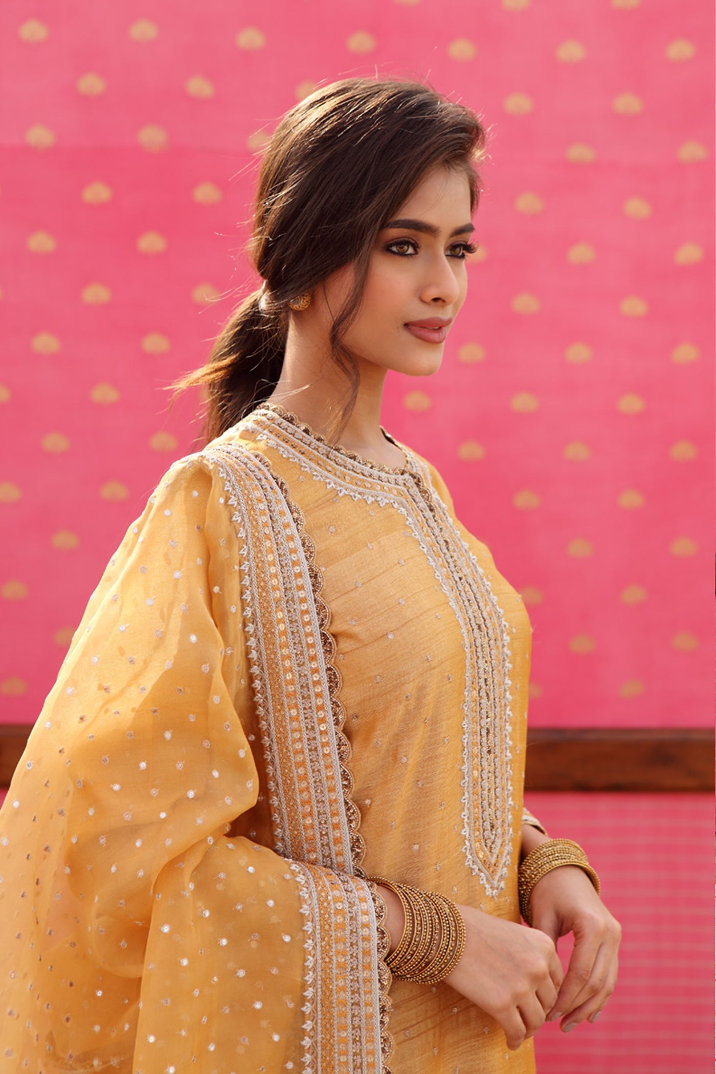 Hand-Embroidered Pale Gold-Yellow Kurta-Churidaar Set