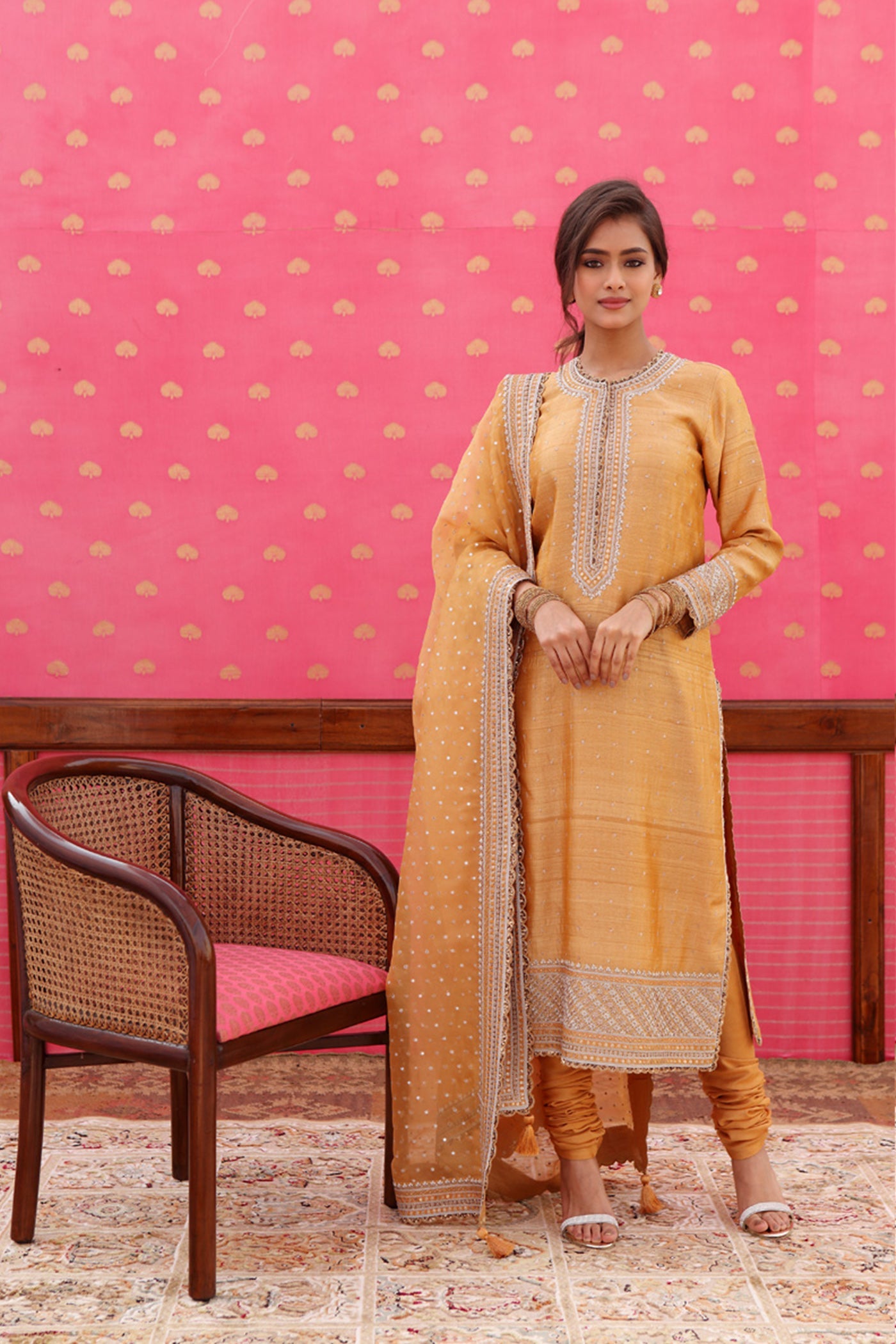 Hand-Embroidered Pale Gold-Yellow Kurta-Churidaar Set