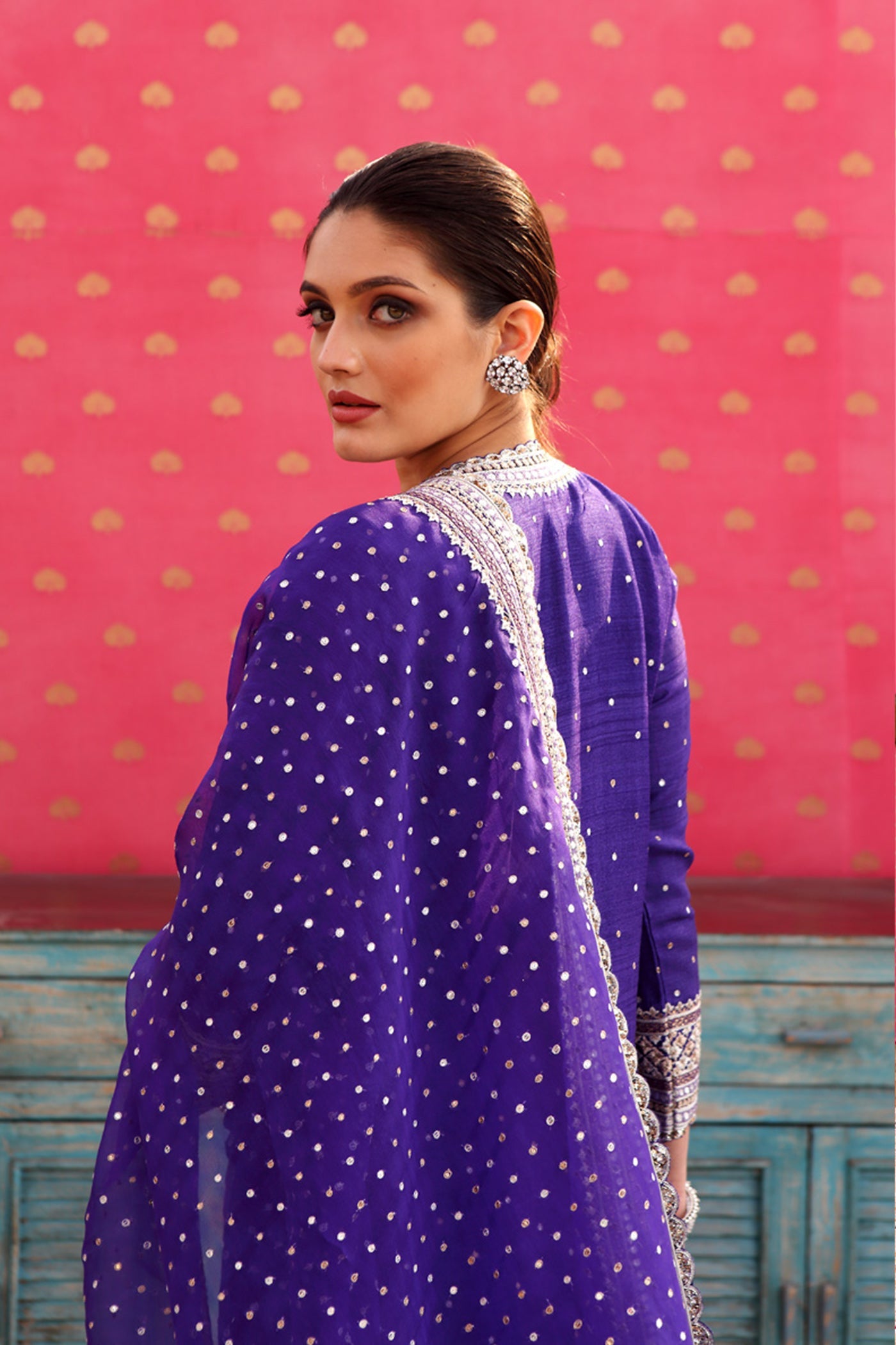 Hand-Embroidered Deep Purple-Blue Kurta-Churidaar Set