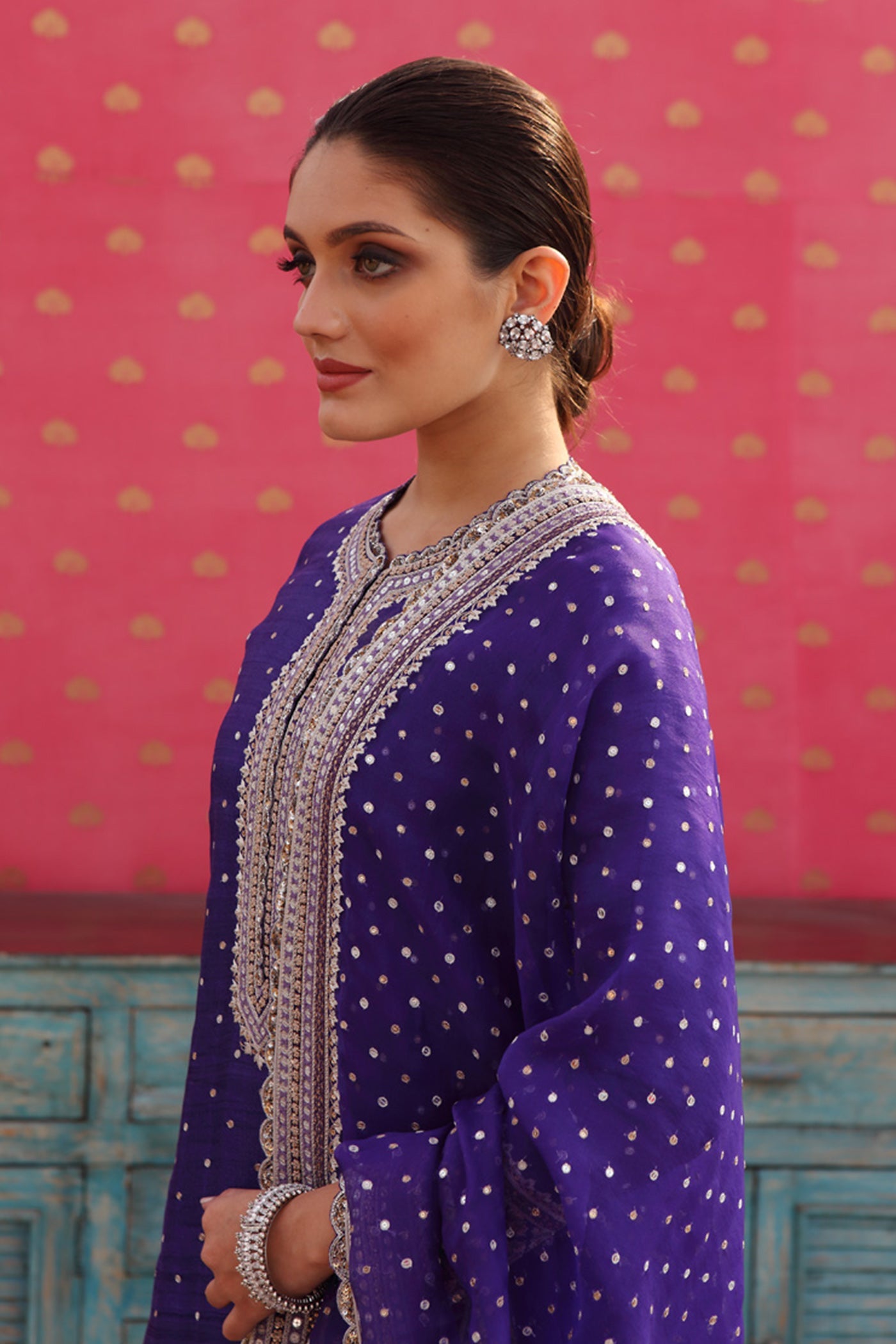 Hand-Embroidered Deep Purple-Blue Kurta-Churidaar Set